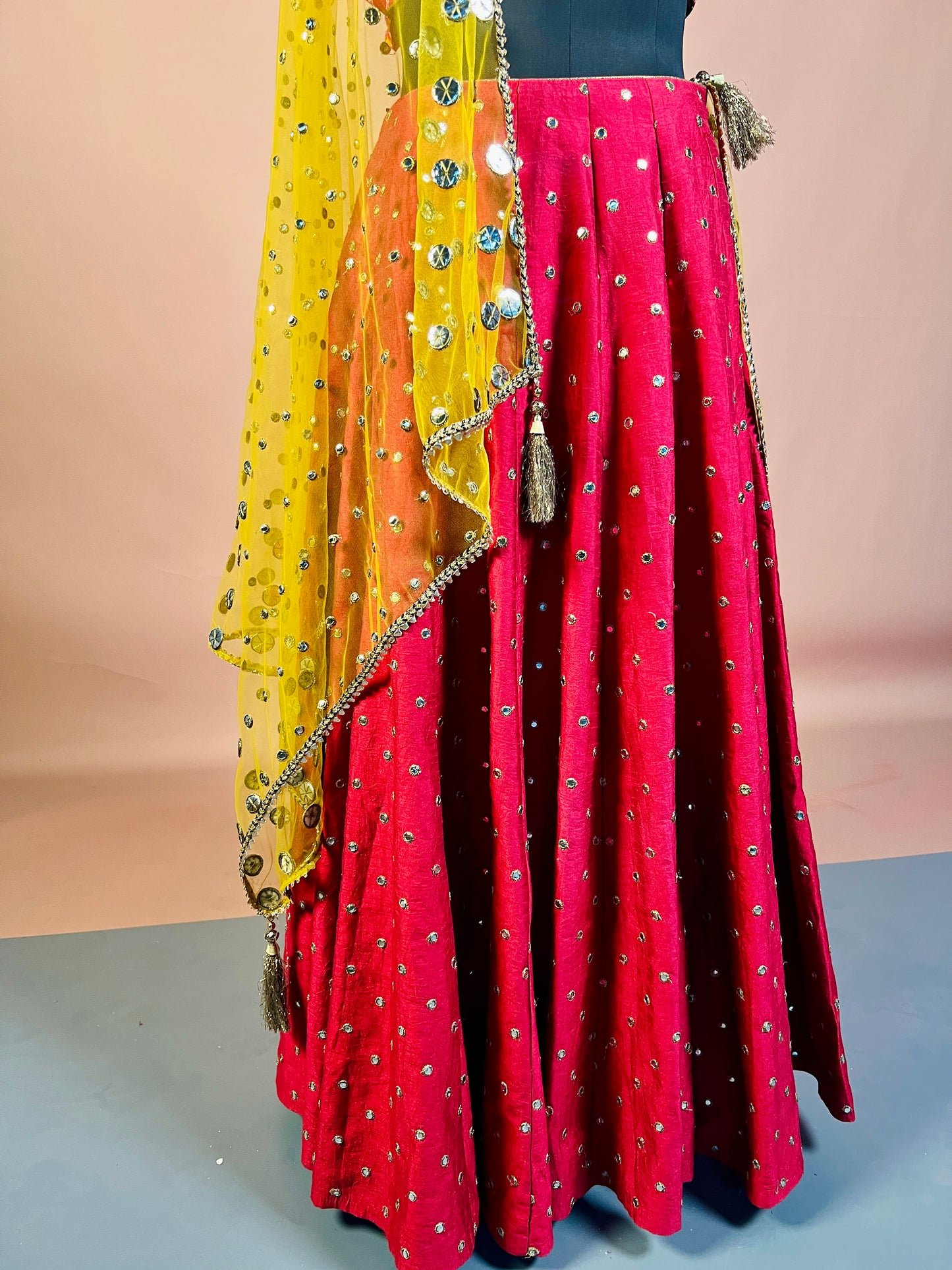 Bandhani Red & Yellow Mirror Work Lehenga Set