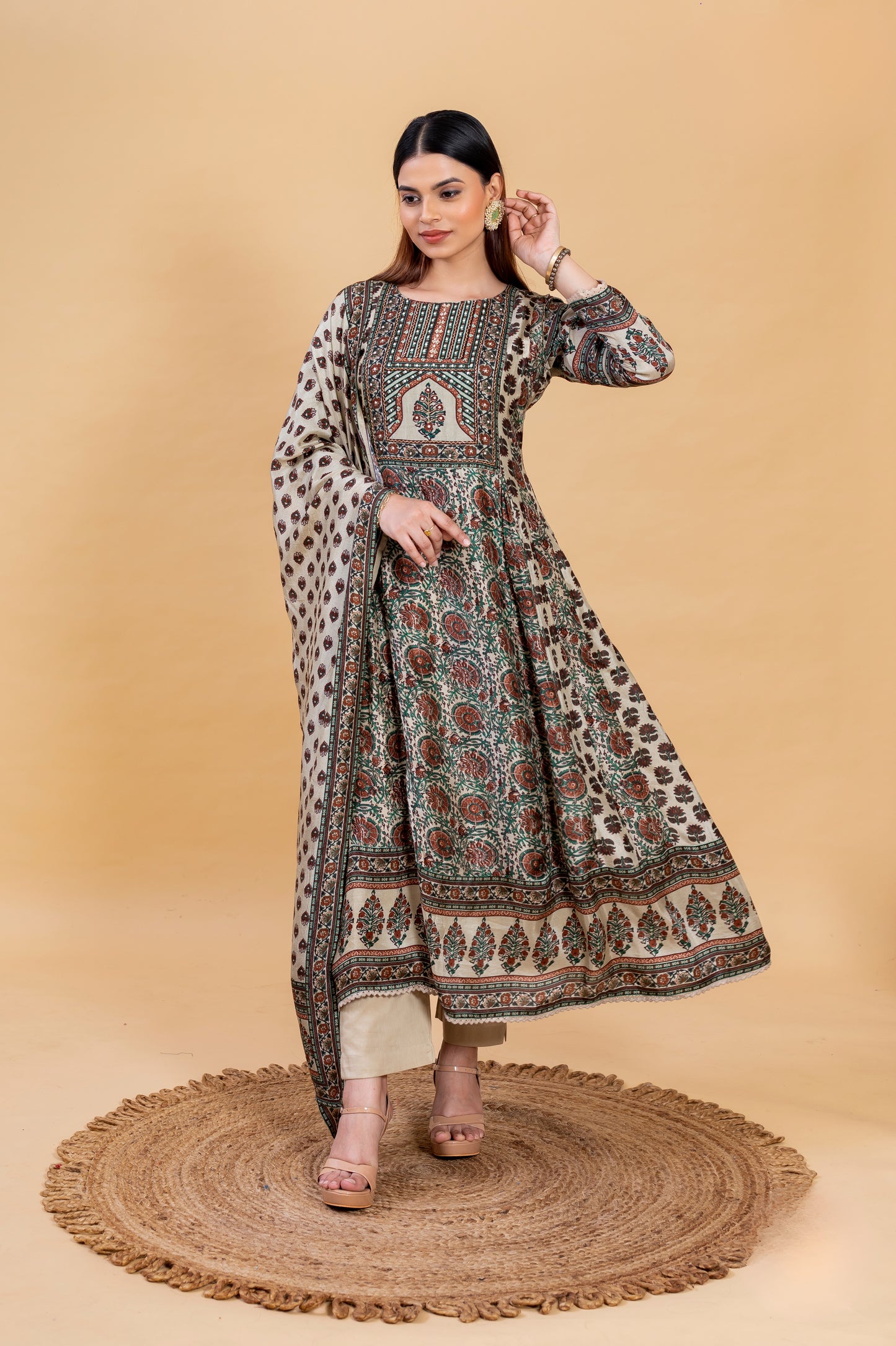 Beautiful Beige Printed Cotton Silk Kurti Set