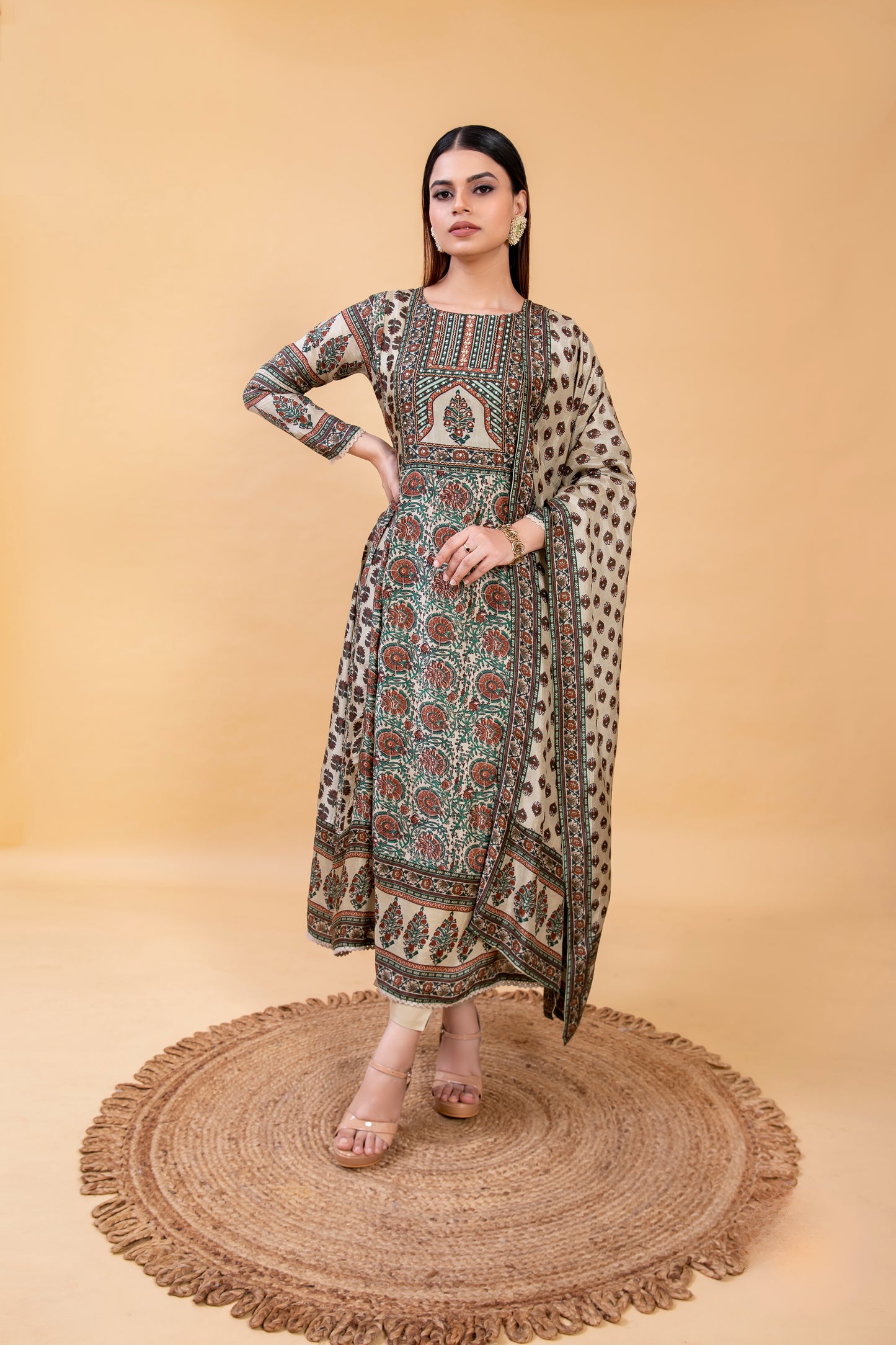 Beautiful Beige Printed Cotton Silk Kurti Set