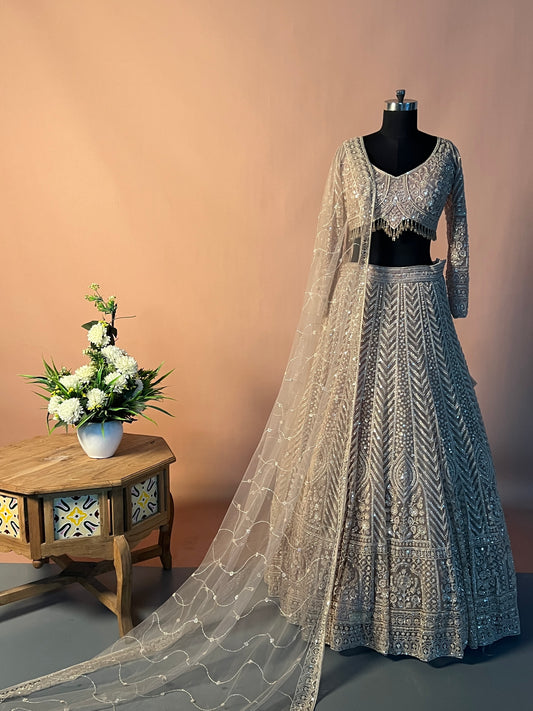 Beige Designer Lehenga with Heavy Sequin & Tassel Embroidery