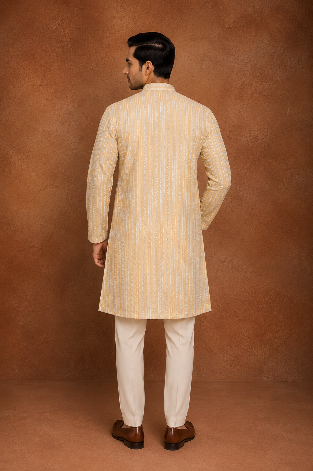 Beige Embroidered Striped Kurta for Men with Thread Work and Mandarin Collar