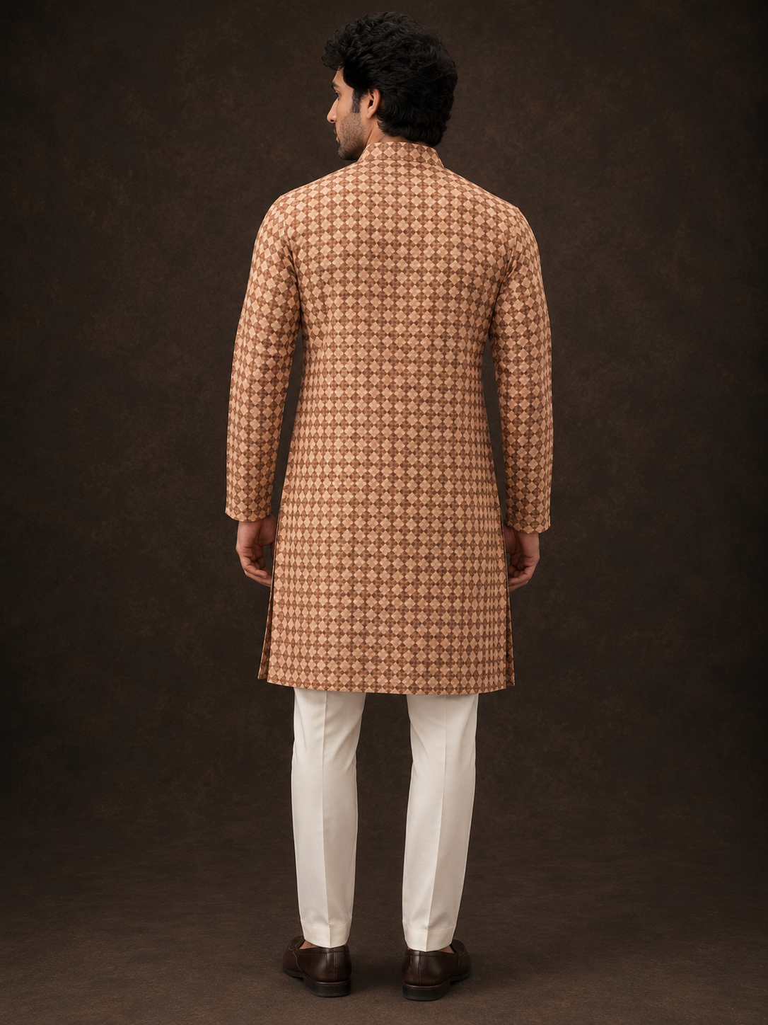 Beige Geometric Printed Kurta for Men with Contemporary Diamond Pattern and Mandarin Collar