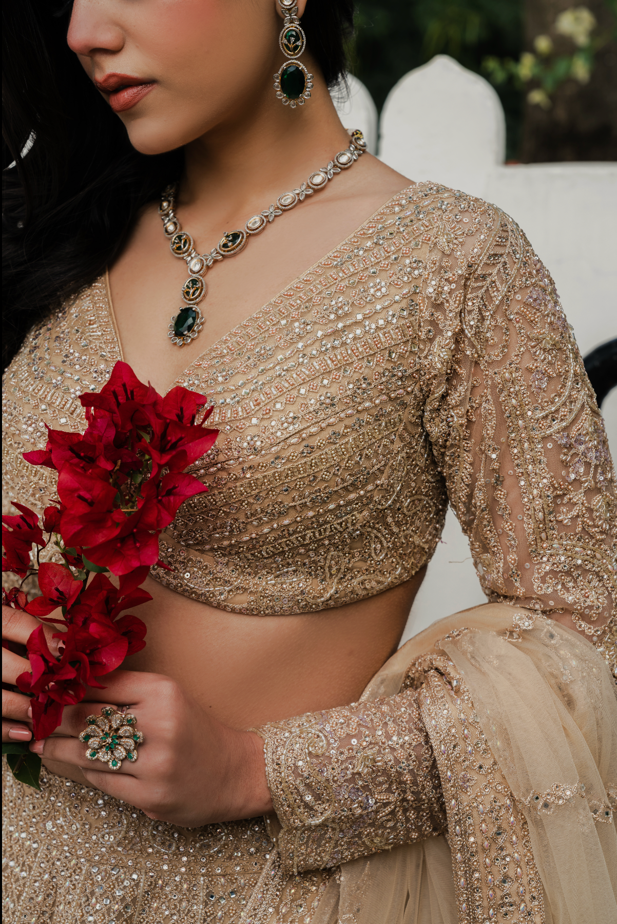 Beige Net Lehenga Choli with Stone and Pearl Embroidery