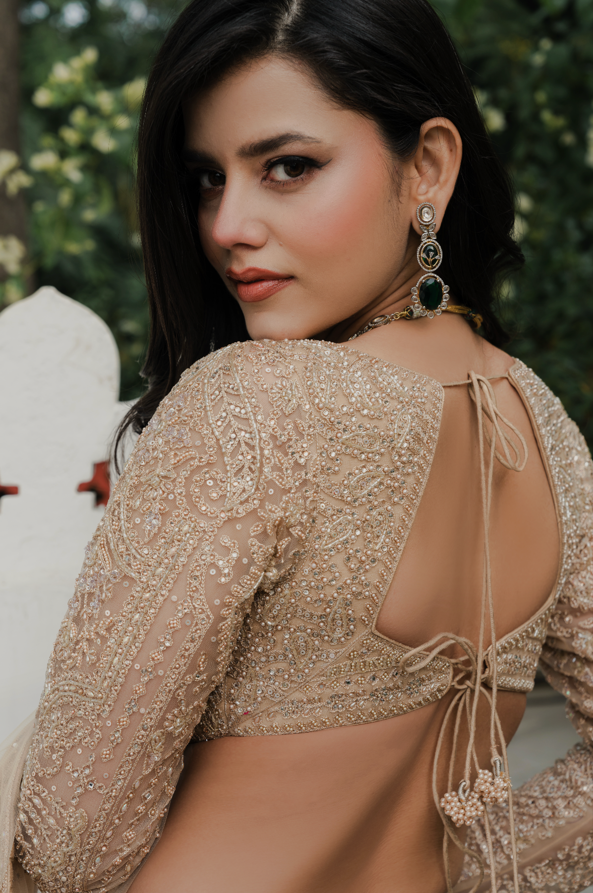 Beige Net Lehenga Choli with Stone and Pearl Embroidery