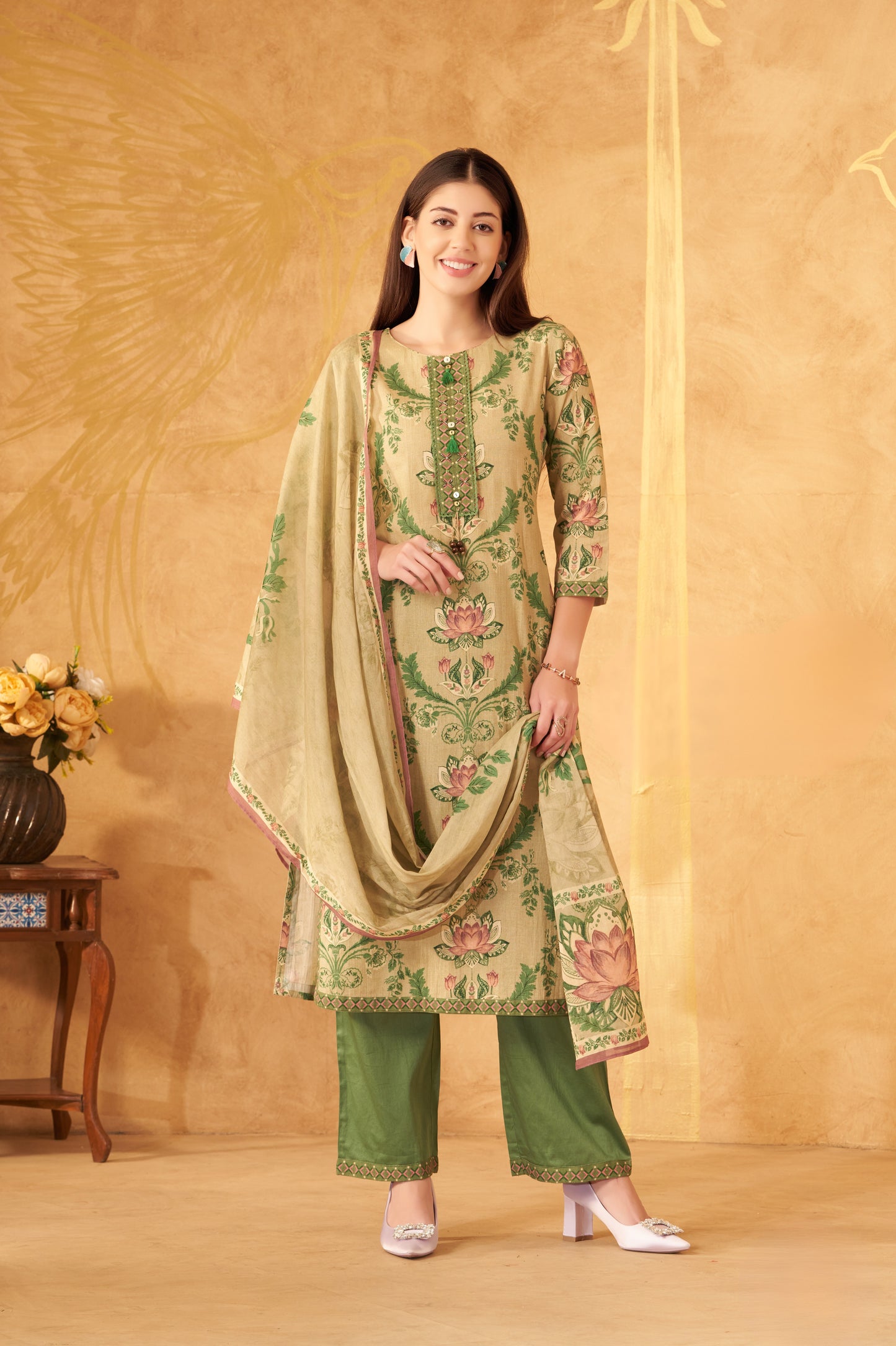 Beige & Olive Green Floral Printed Kurta Set with Dupatta