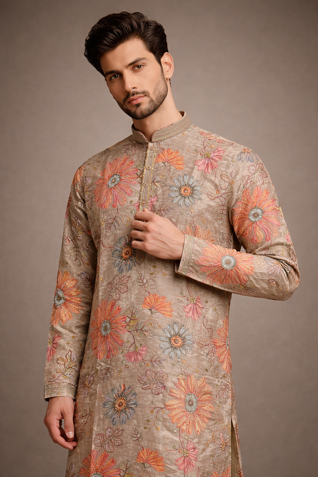 Beige and Multicolor Floral Embroidered Silk Kurta Set