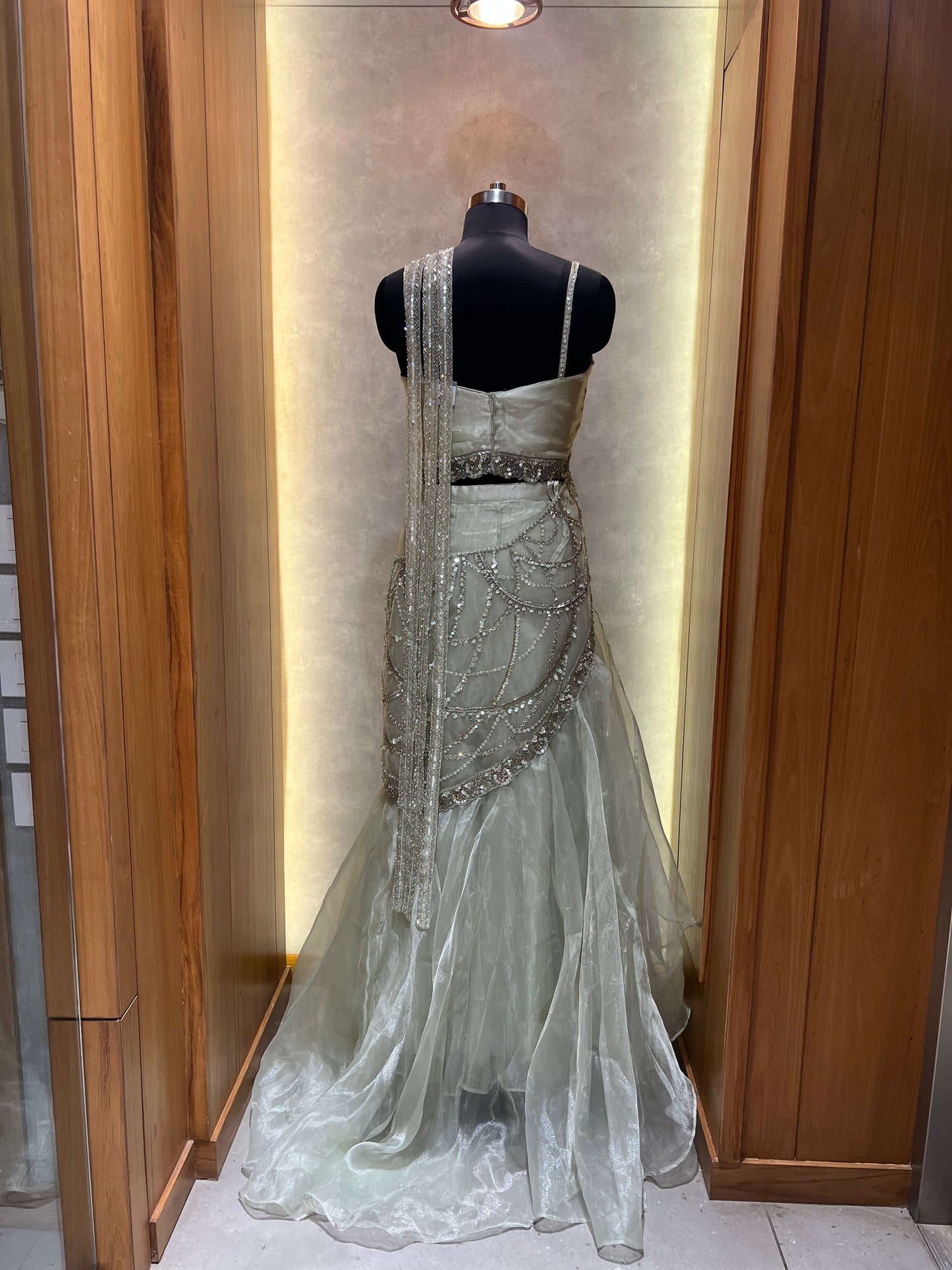 Benzer Pista Green Stone Sequins Ghagra Saree Indo Western