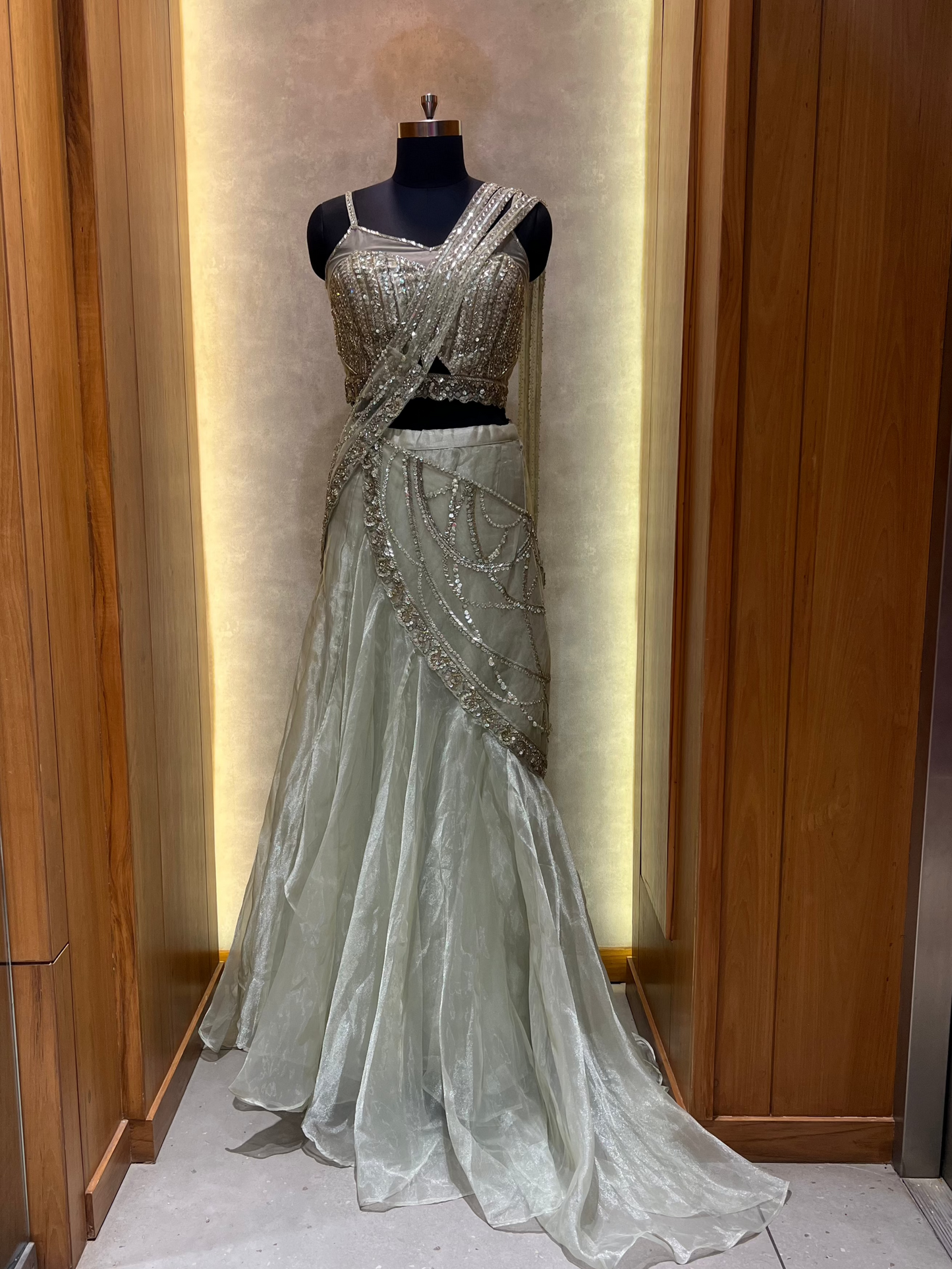 Benzer Pista Green Stone Sequins Ghagra Saree Indo Western