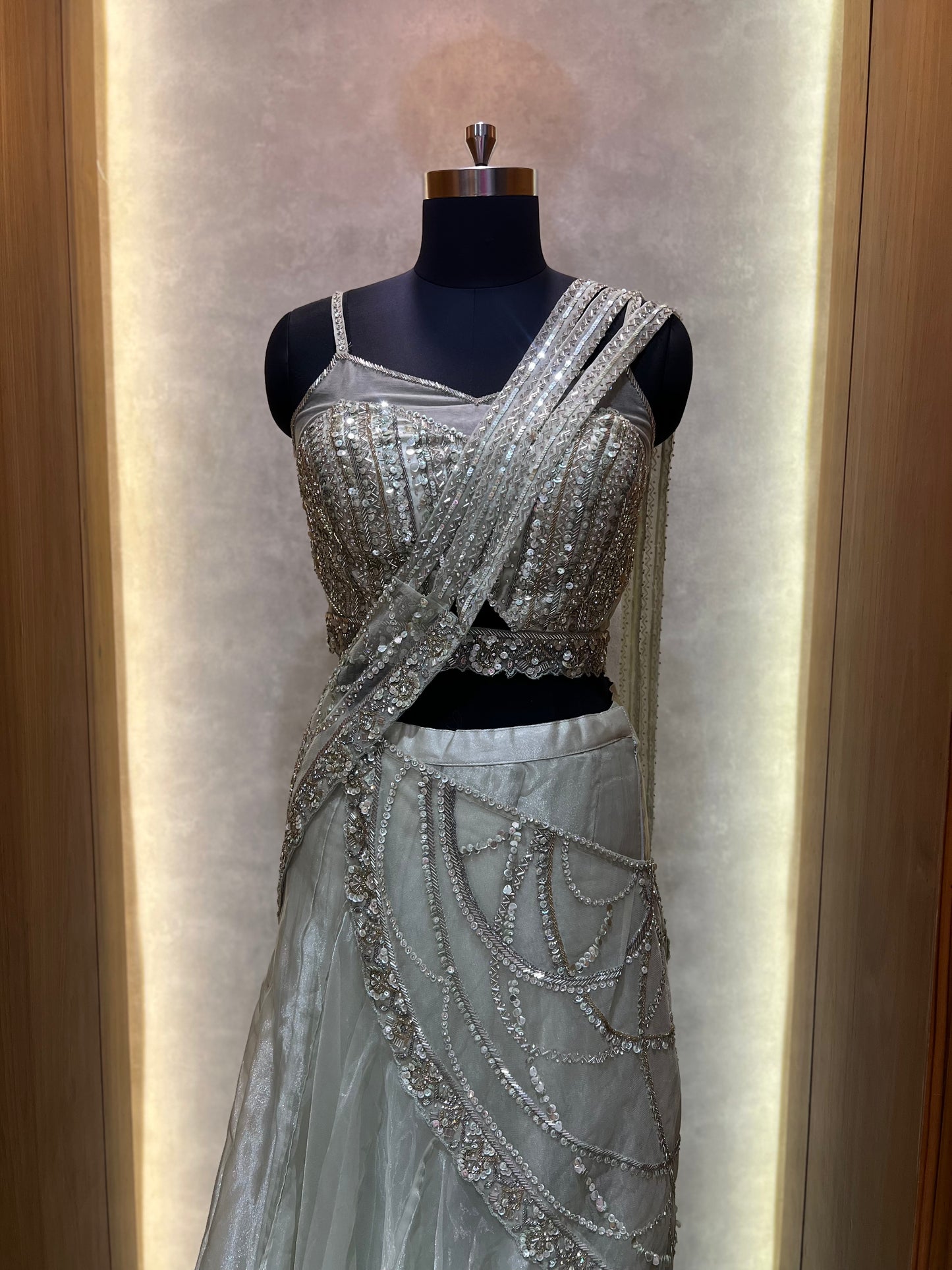 Benzer Pista Green Stone Sequins Ghagra Saree Indo Western