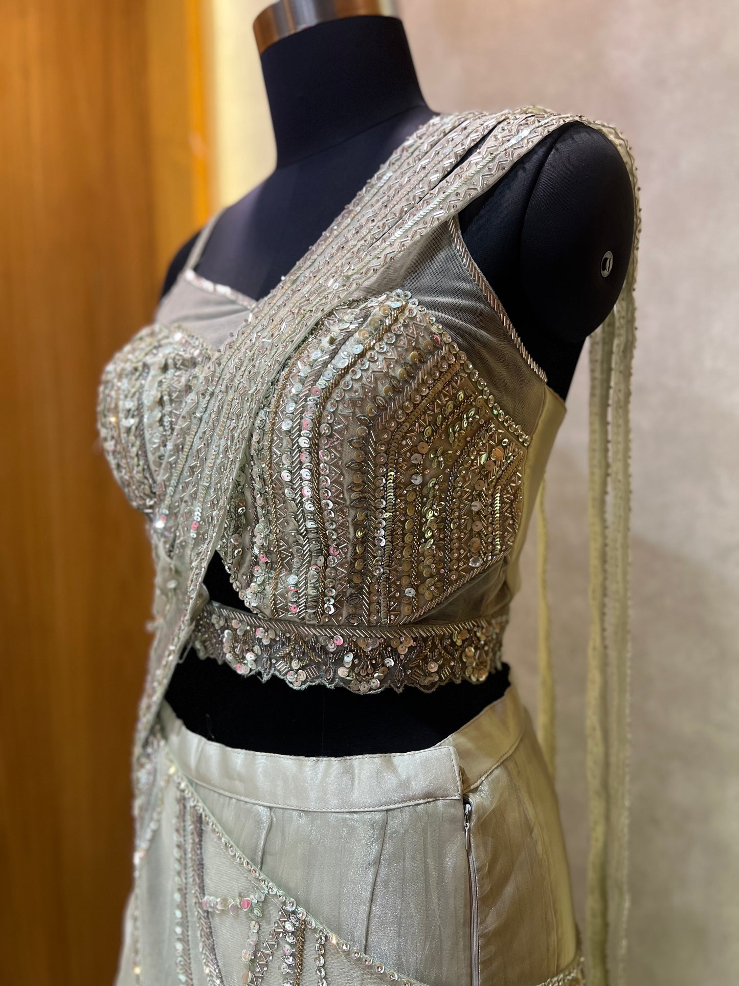 Benzer Pista Green Stone Sequins Ghagra Saree Indo Western