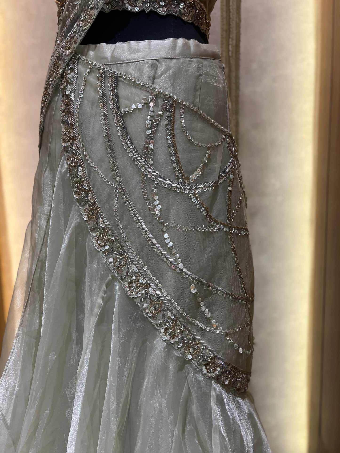 Benzer Pista Green Stone Sequins Ghagra Saree Indo Western