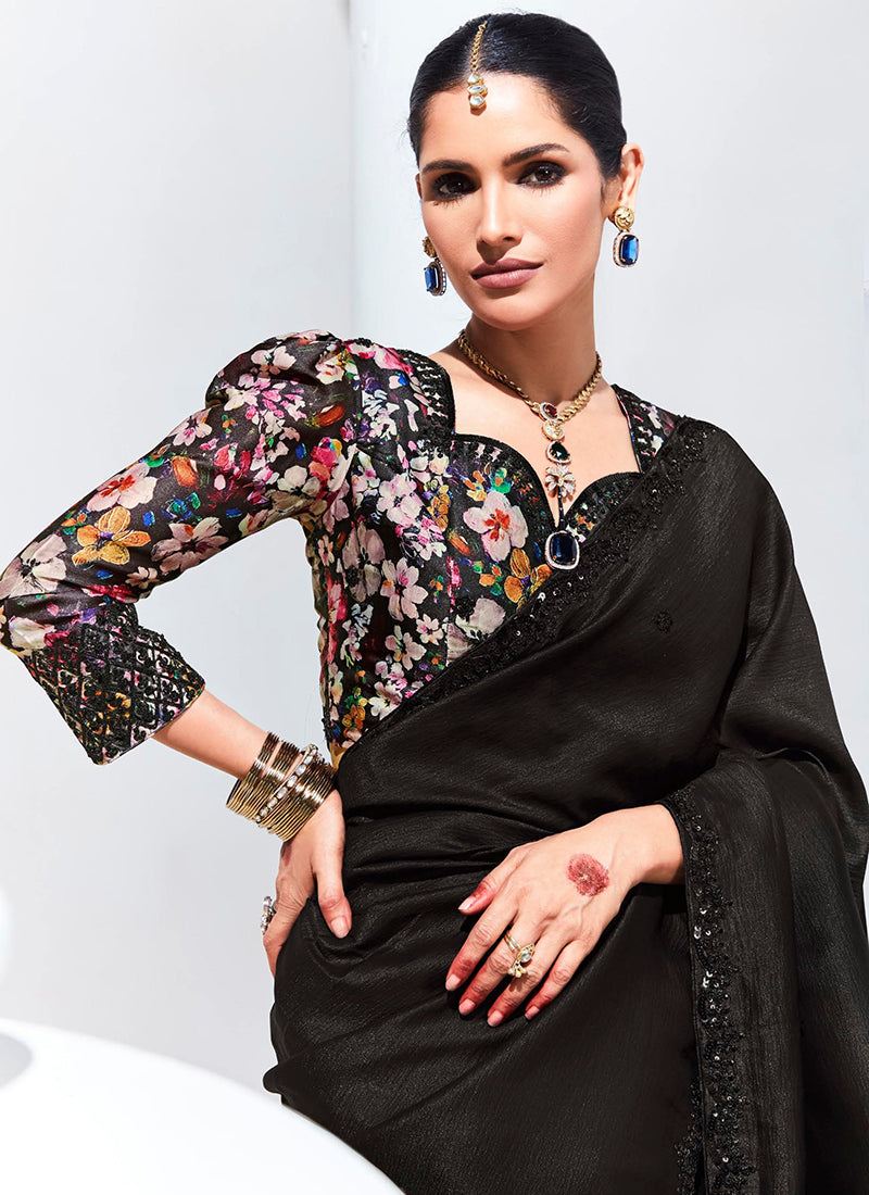 Organza Black Traditional Wear Saree with Embroidery Work
