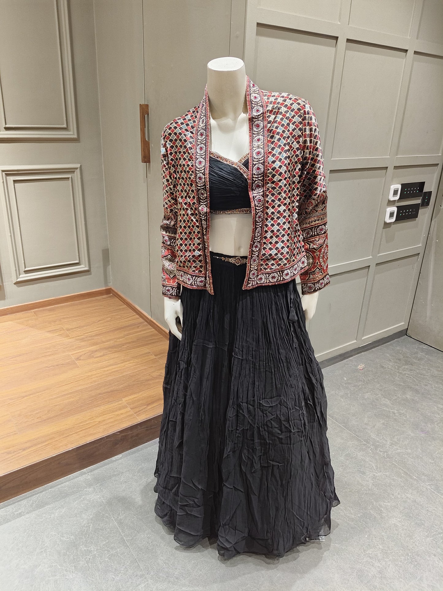 Black Crushed Silk Lehenga Skirt with Draped Blouse and Multicolor Embroidered Jacket Set