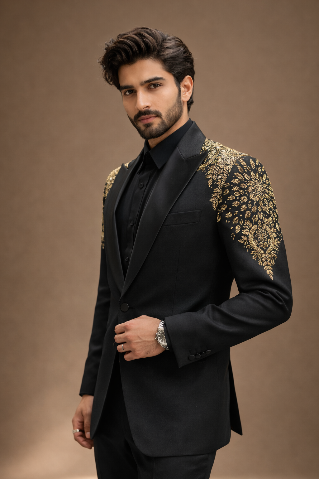 Black Designer Tuxedo Suit with Antique Gold Hand Embroidery