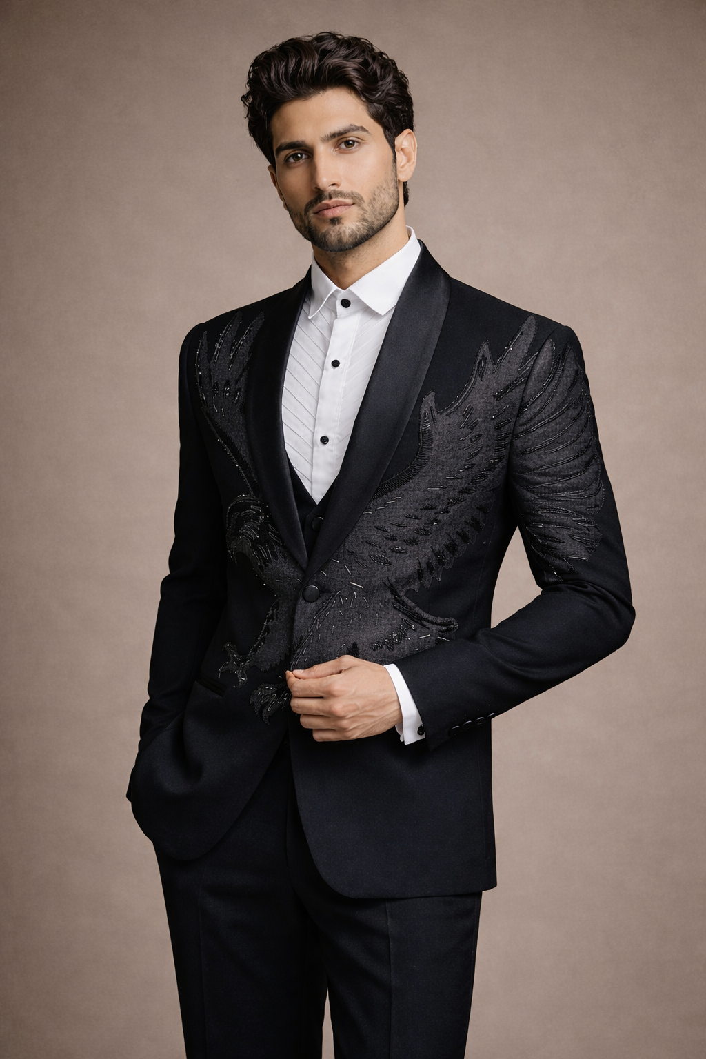 Black Eagle Embroidered Designer Tuxedo Suit