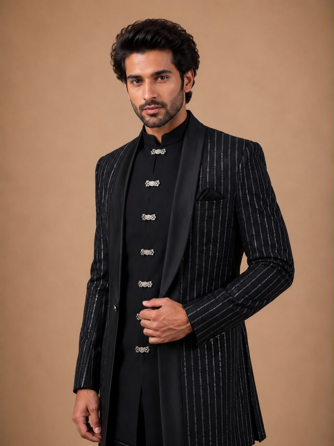 Black Embellished Indo Western Set with Pinstripe Designer Jacket