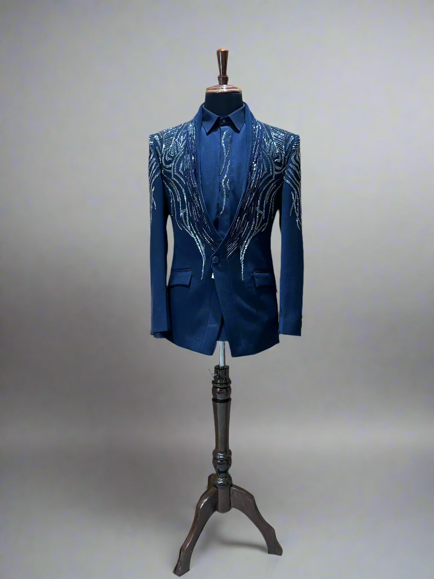 Black Embellished Tuxedo Blazer with Sequin Detailing