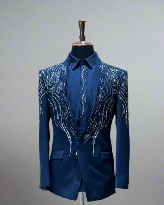 Black Embellished Tuxedo Blazer with Sequin Detailing