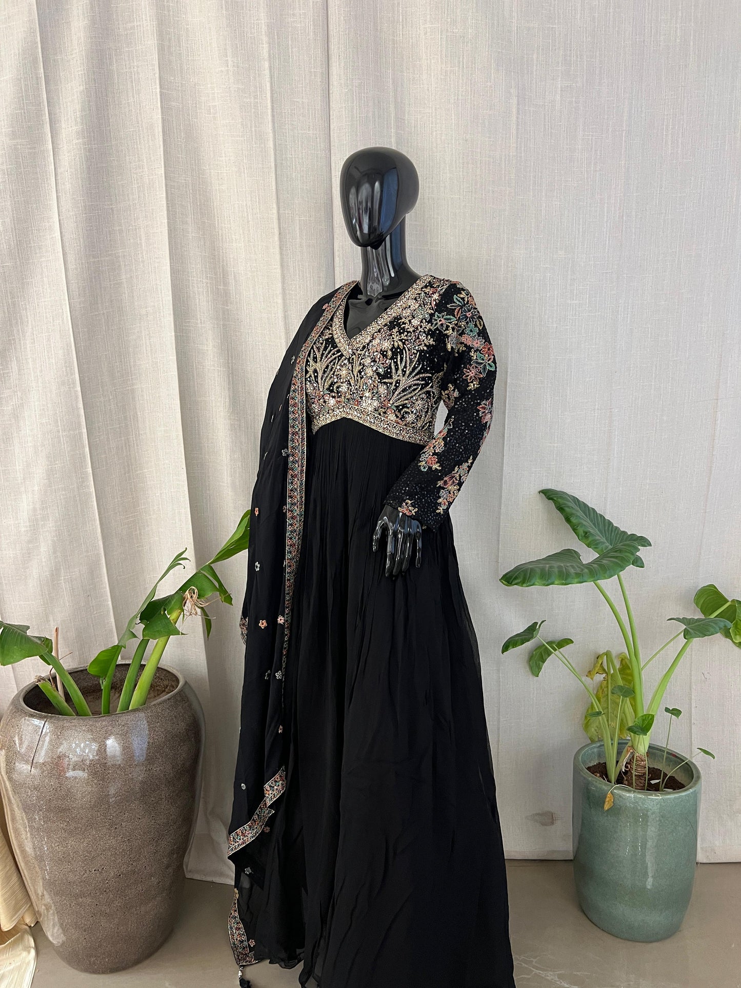 Black Embroidered Anarkali Set with Sequins & Threadwork