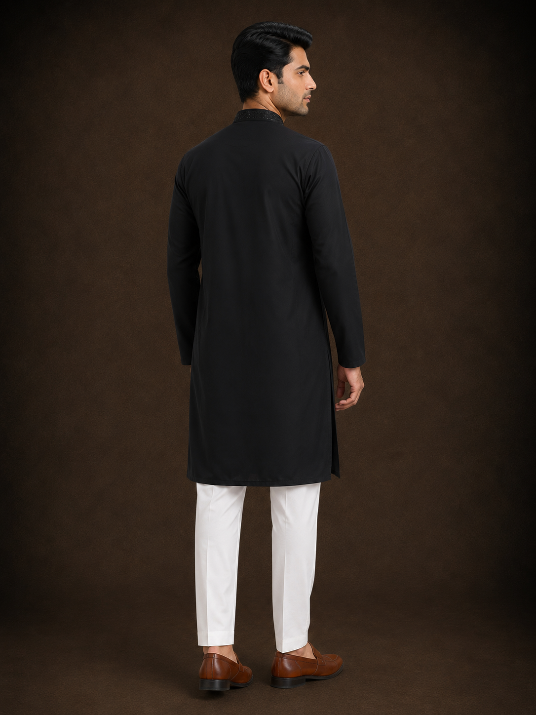 Black Embroidered Cotton Silk Kurta for Men with Tonal Thread Work and Mandarin Collar