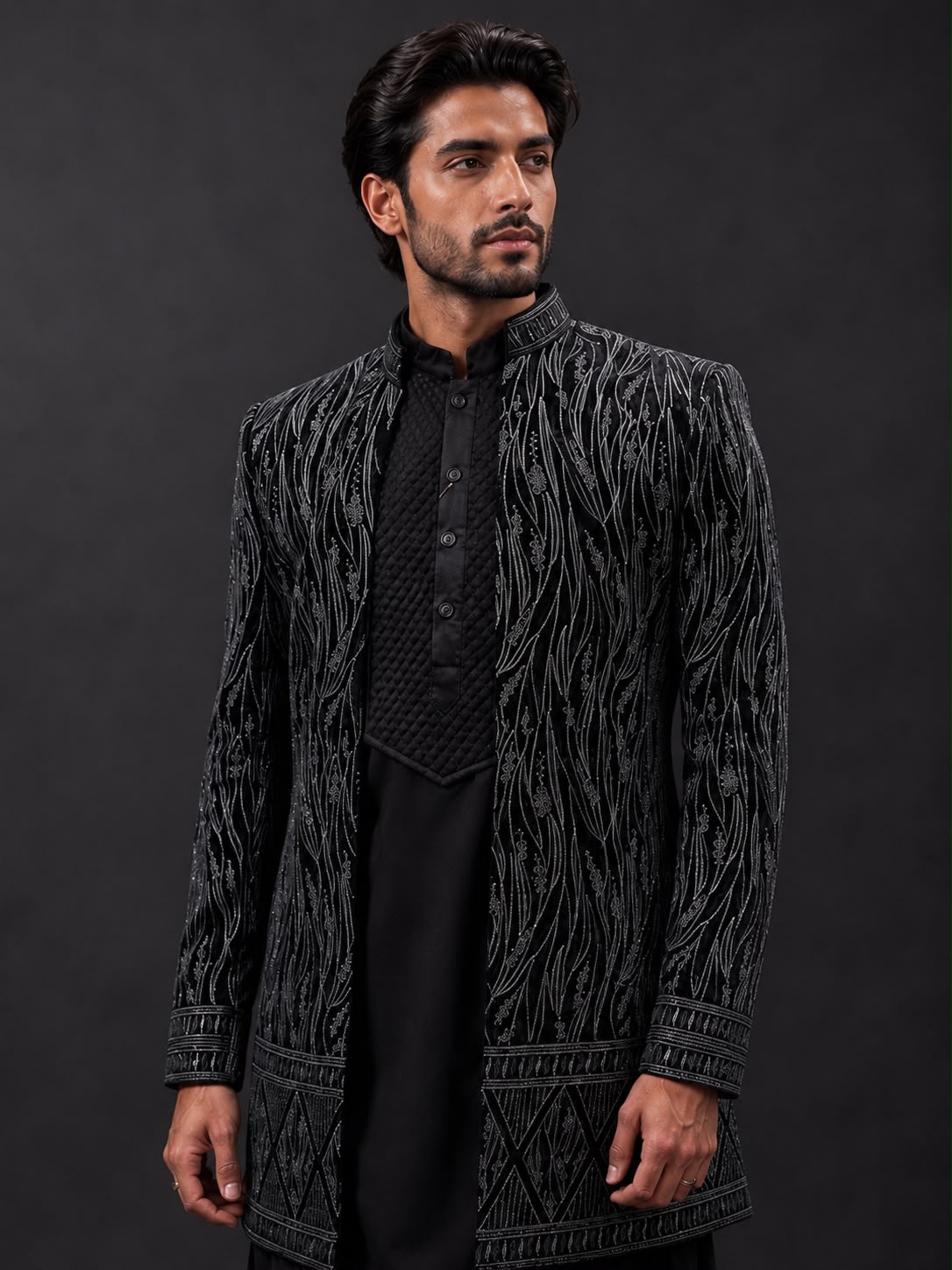 Black Embroidered Indo Western Kurta Set with Designer Open Jacket