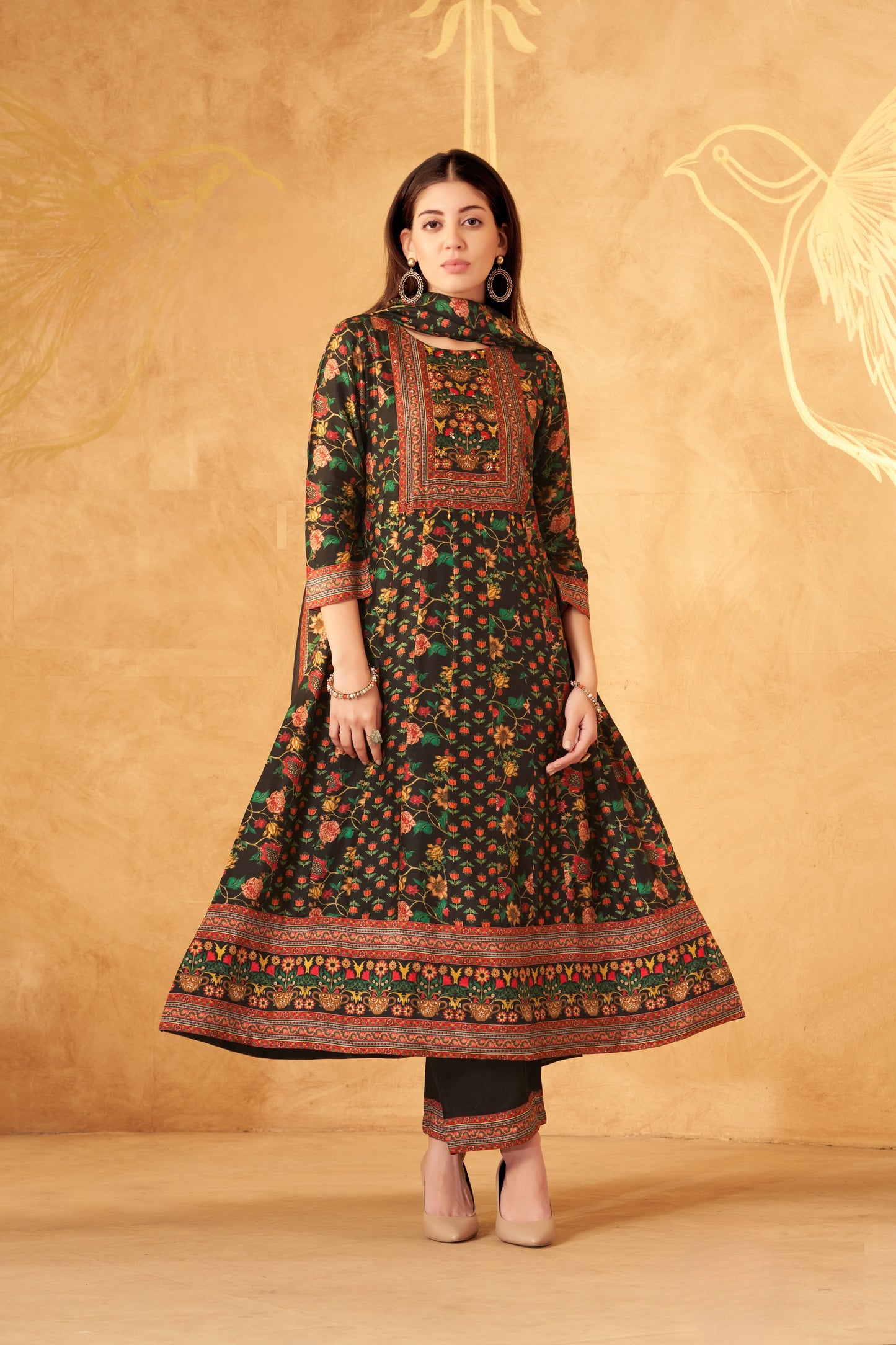 Black Floral Printed Anarkali Kurta Set with Intricate Border Detailing