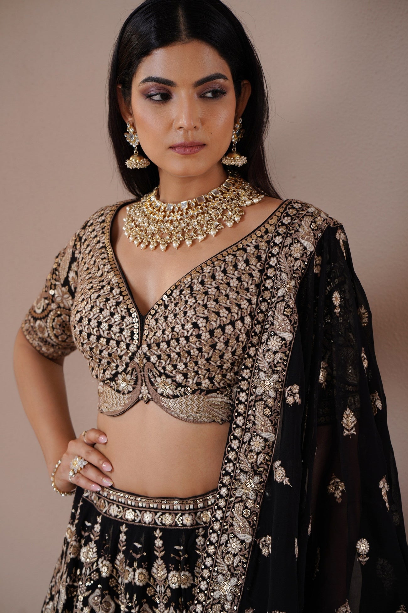 Black Georgette Bridal Lehenga with Gold Zardosi Embroidery
