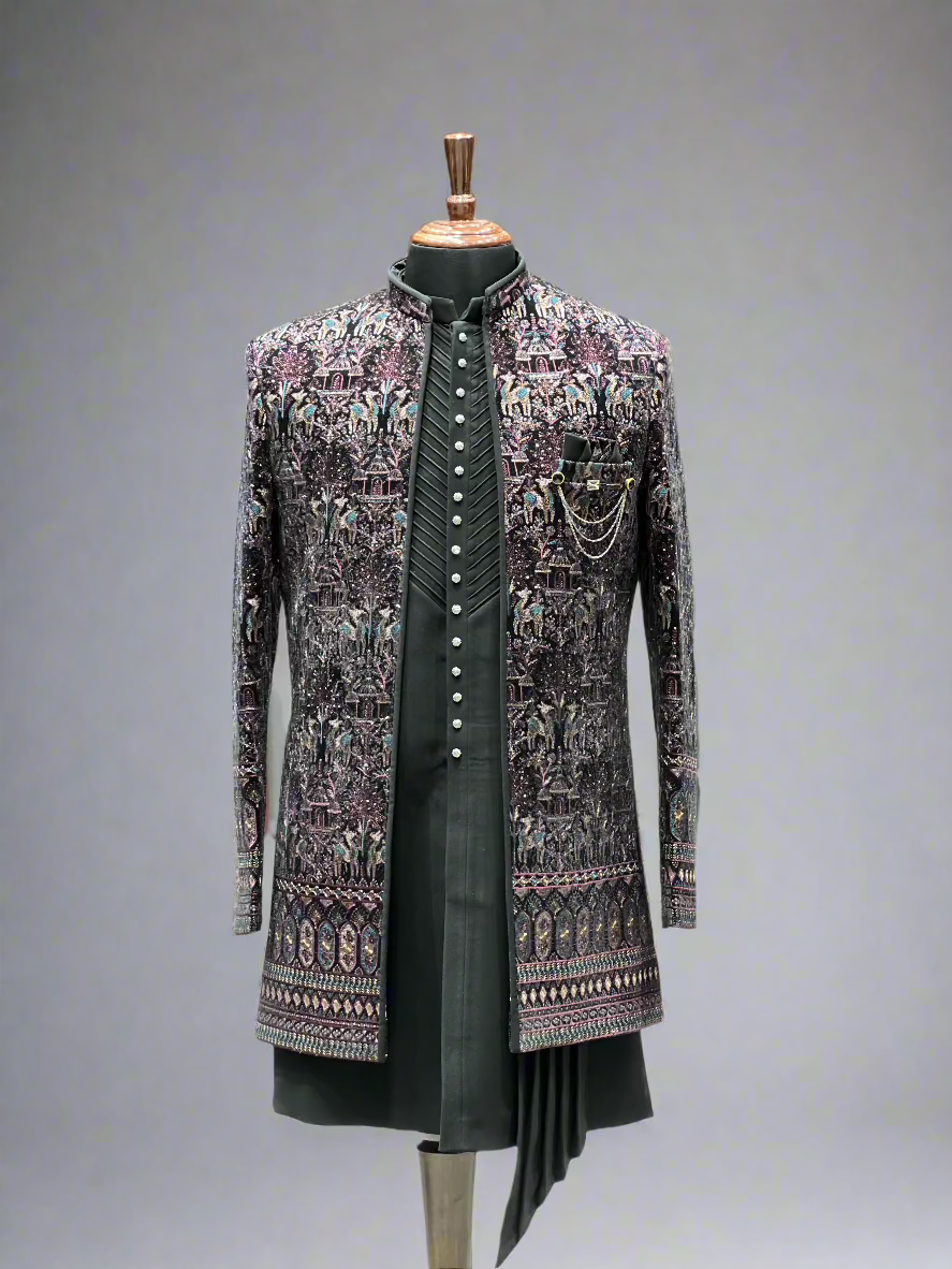 Black Indo-Western Ensemble with Royal Multicolor Embroidery