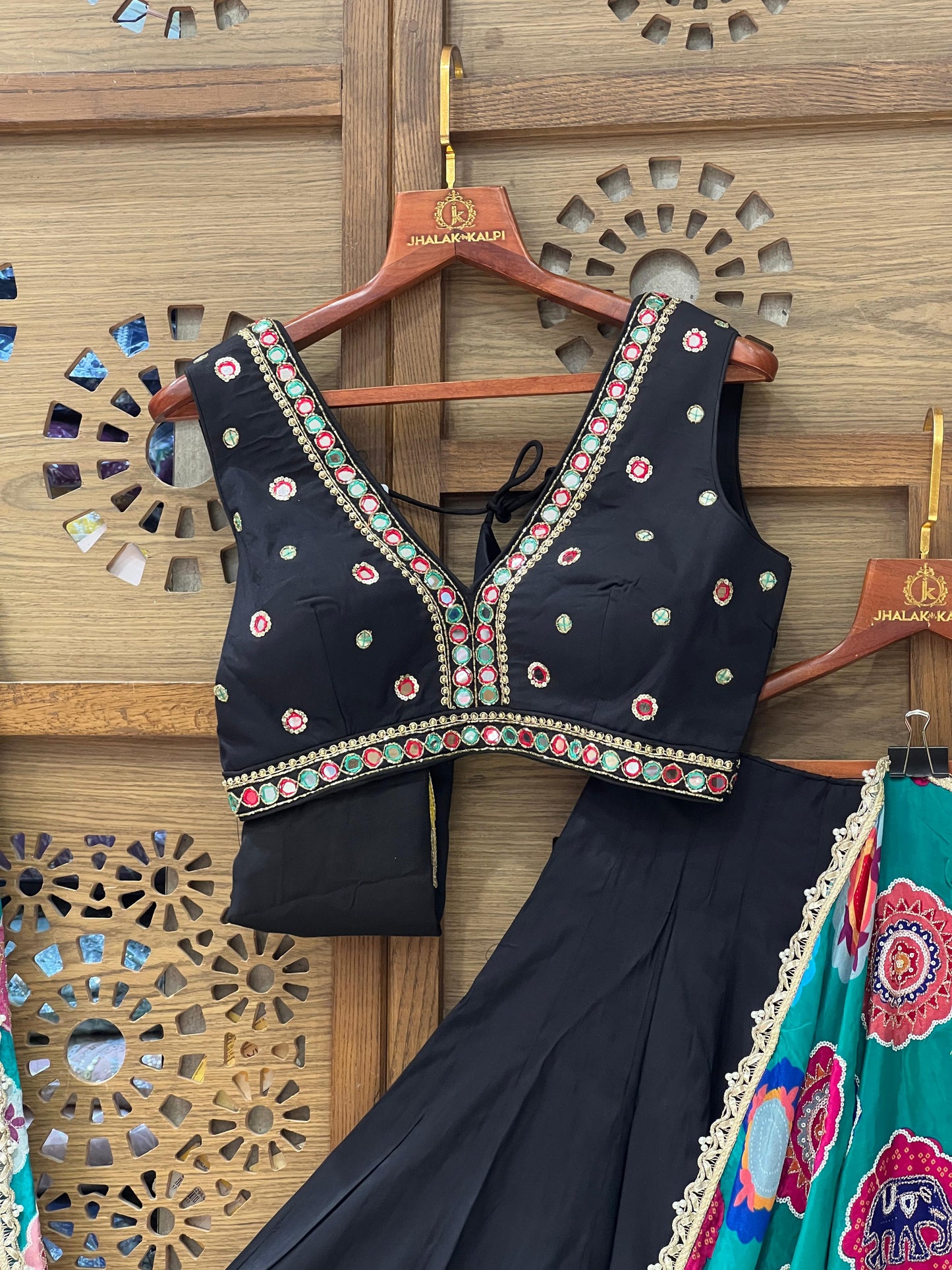 Black Mirror Work Chaniya Choli with Multicolor Bandhani Dupatta