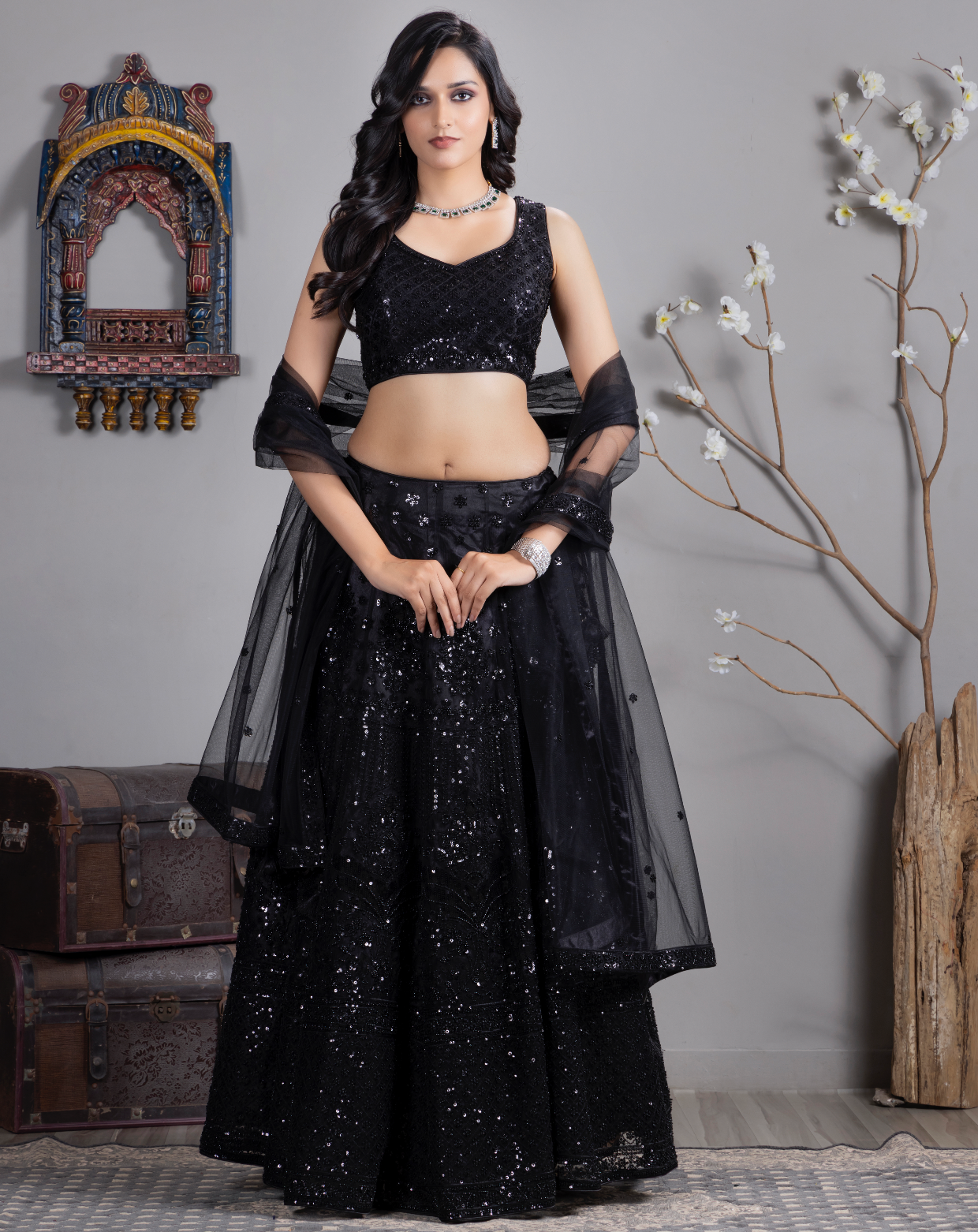 Black Net Sequence Work Lehenga