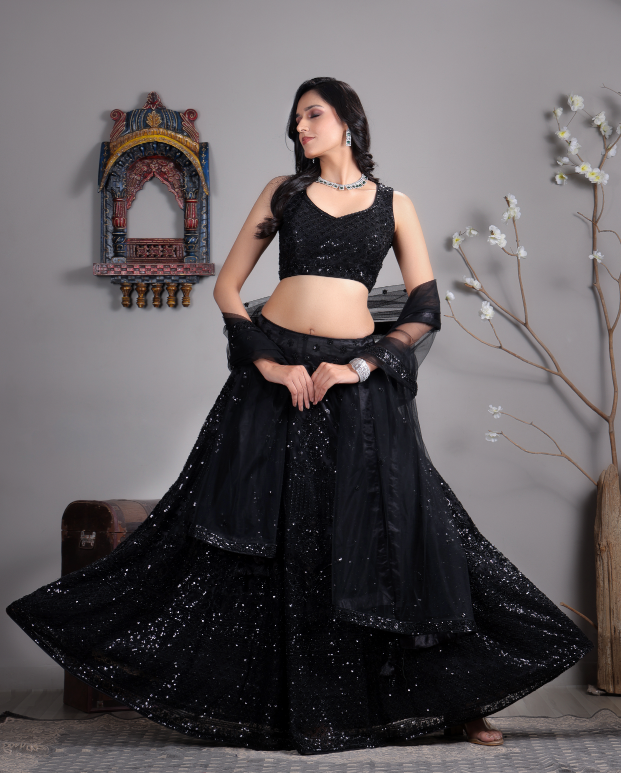 Black Net Sequence Work Lehenga