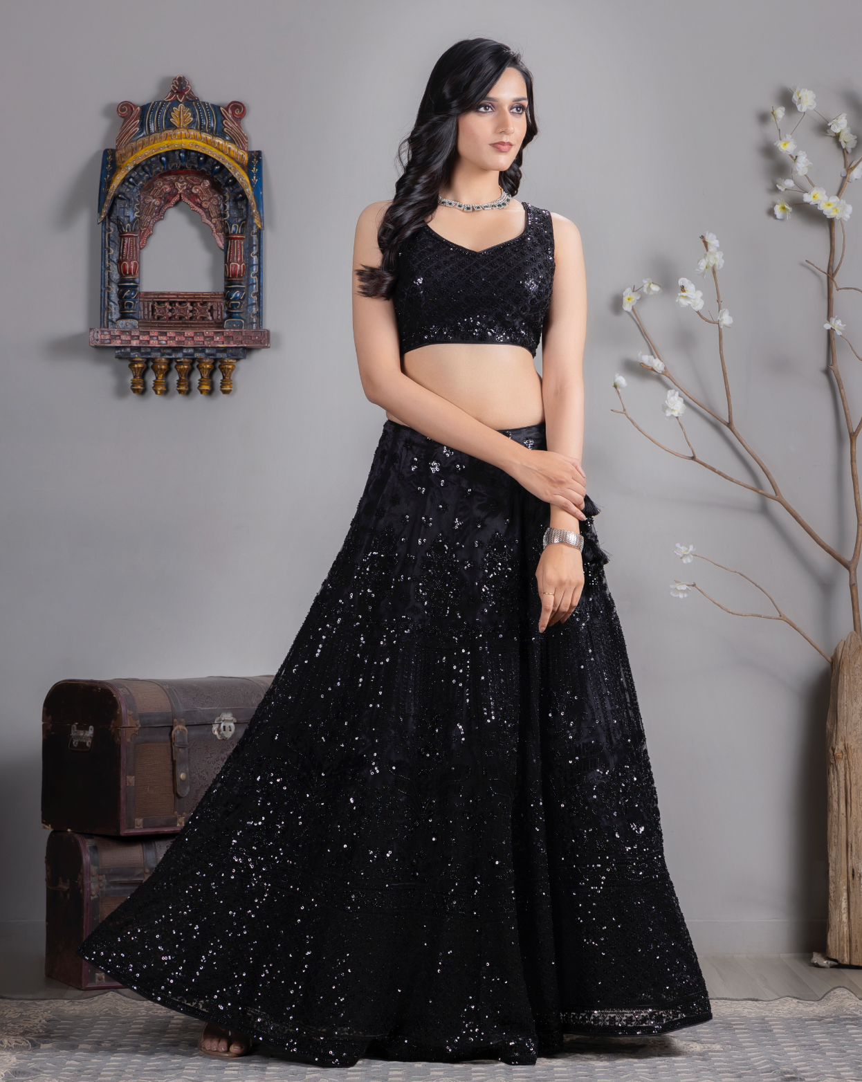 Black Net Sequence Work Lehenga