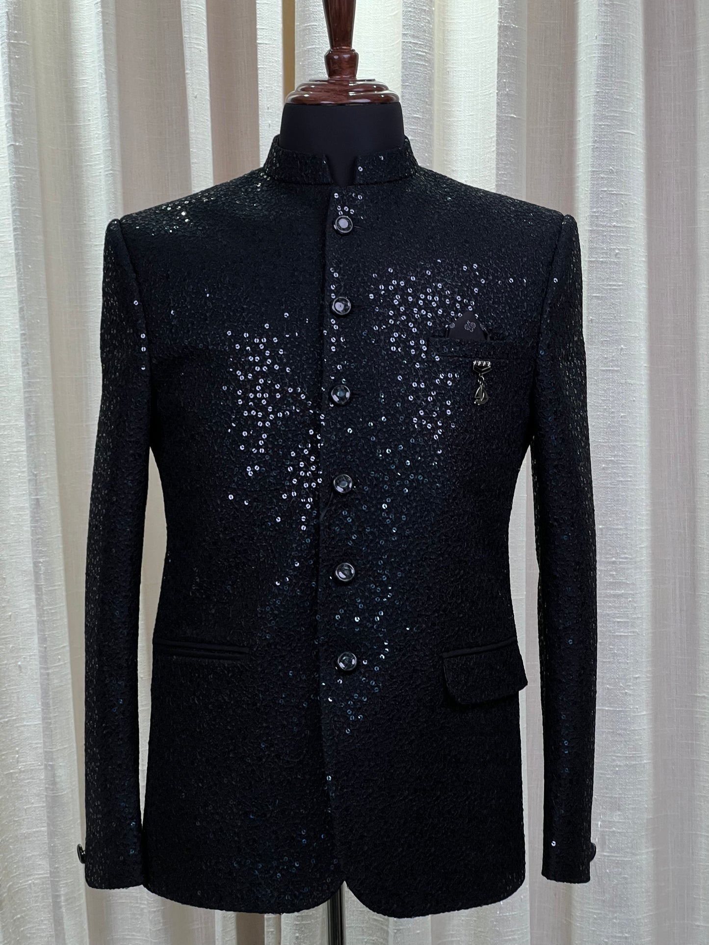 Black Sequin-Embellished Jodhpuri Suit with Textured Finish