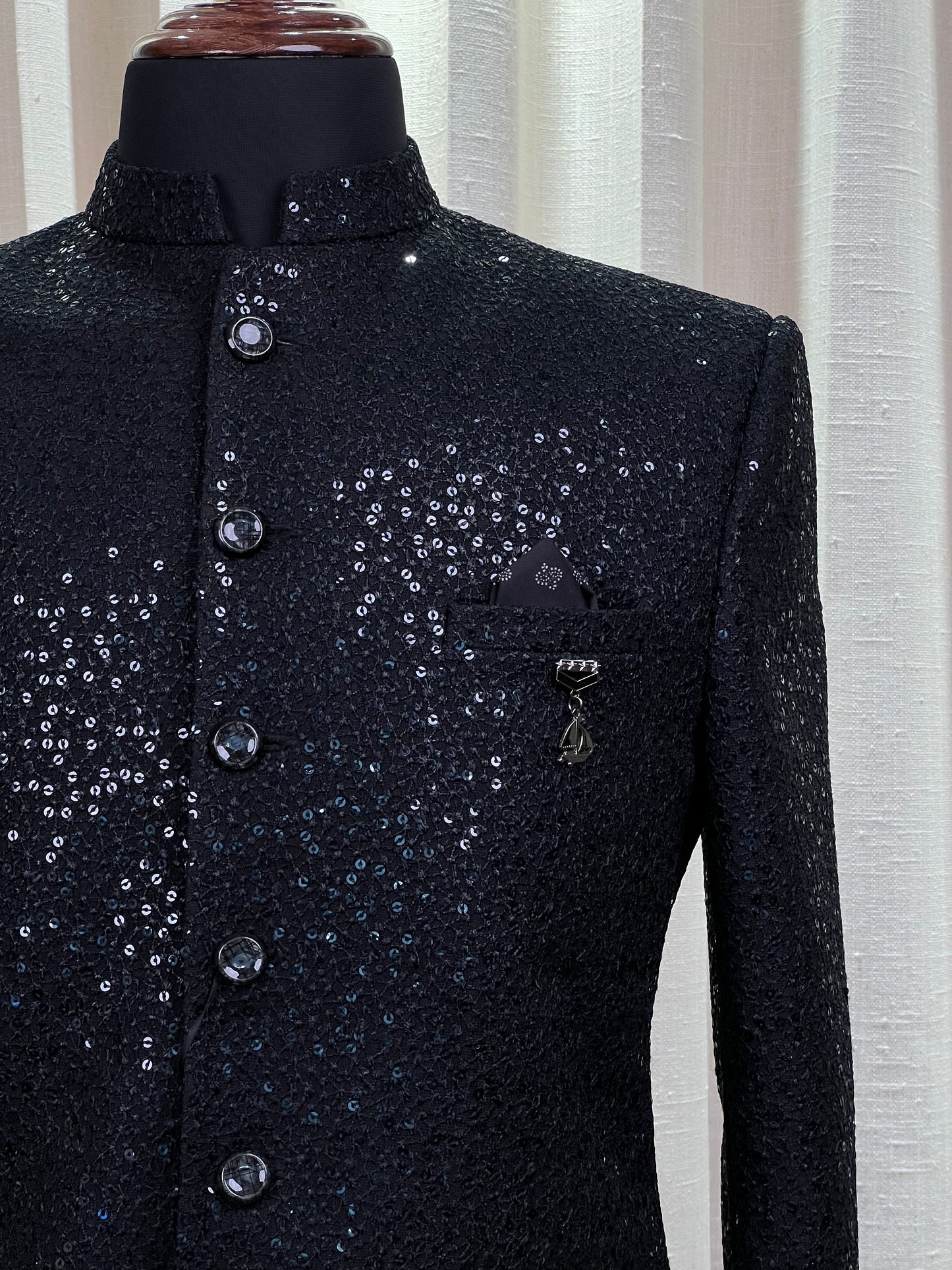 Black Sequin-Embellished Jodhpuri Suit with Textured Finish