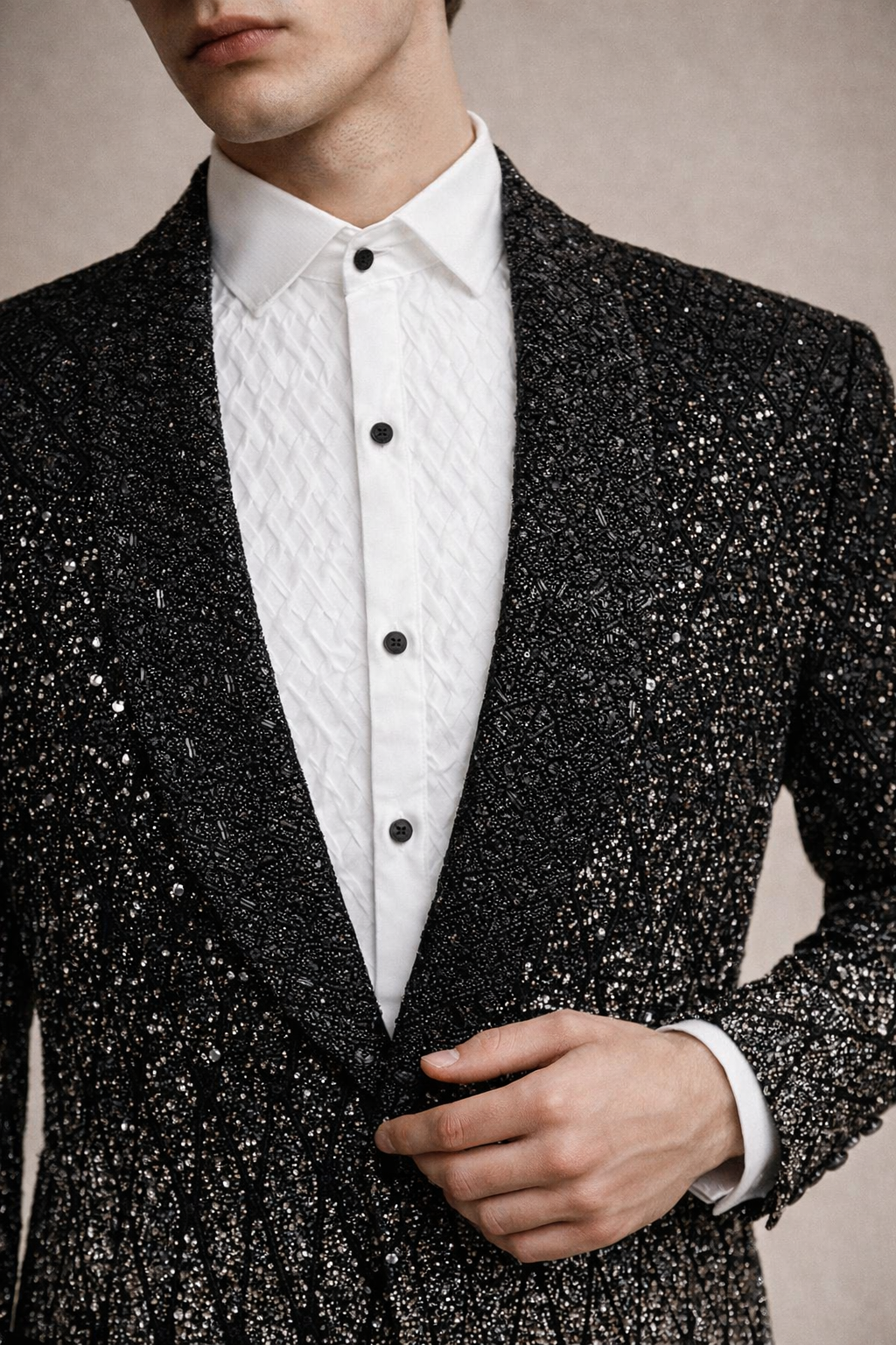 Black Sequin Embroidered Designer Tuxedo Blazer