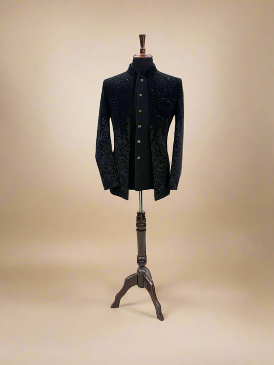Black Textured Indo Western Sherwani with Sequin Detailing
