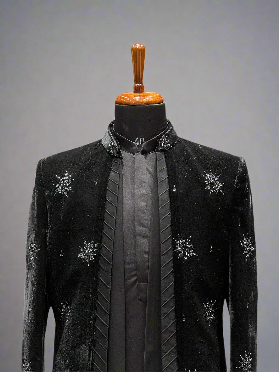 Black Velvet Indo-Western Set with Crystal Motif Detailing