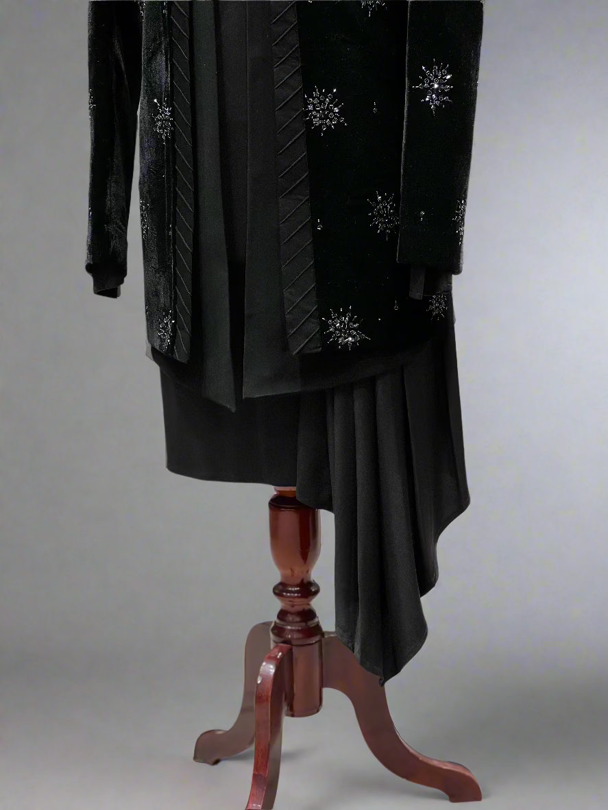 Black Velvet Indo-Western Set with Crystal Motif Detailing