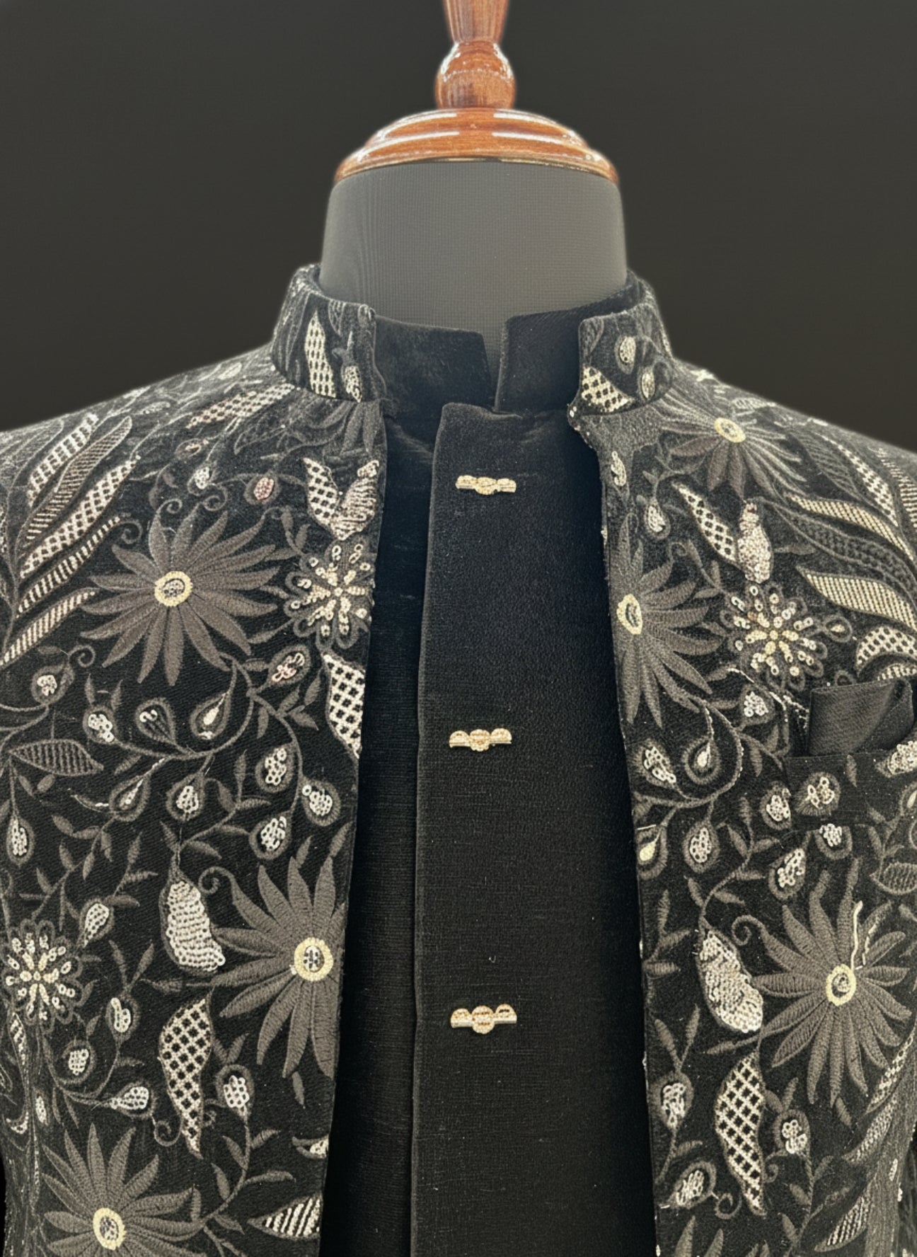 Black Velvet Indo Western Suit with Heavy Floral Embroidery
