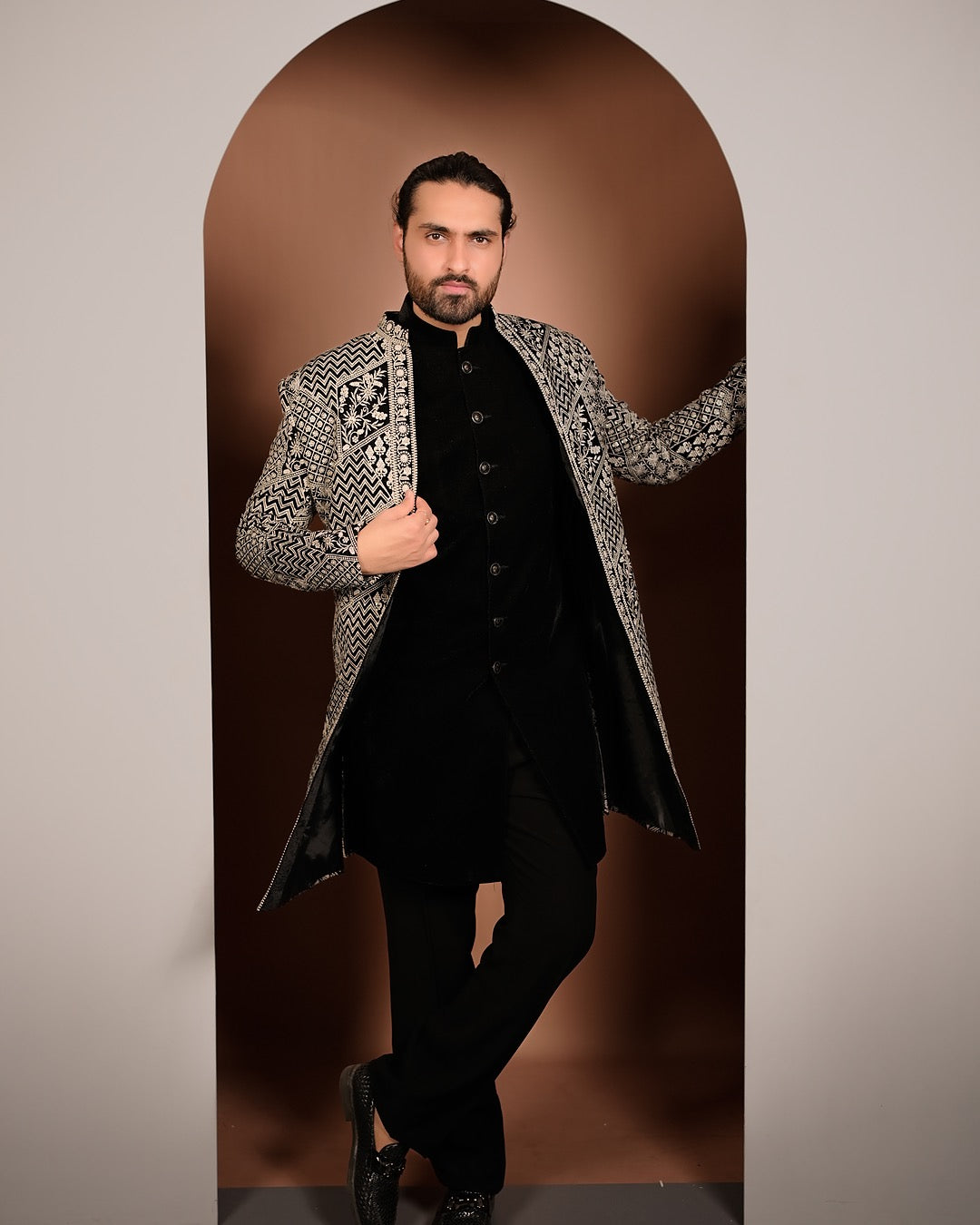 Black Velvet Indo Western with Silver Embroidered Jacket