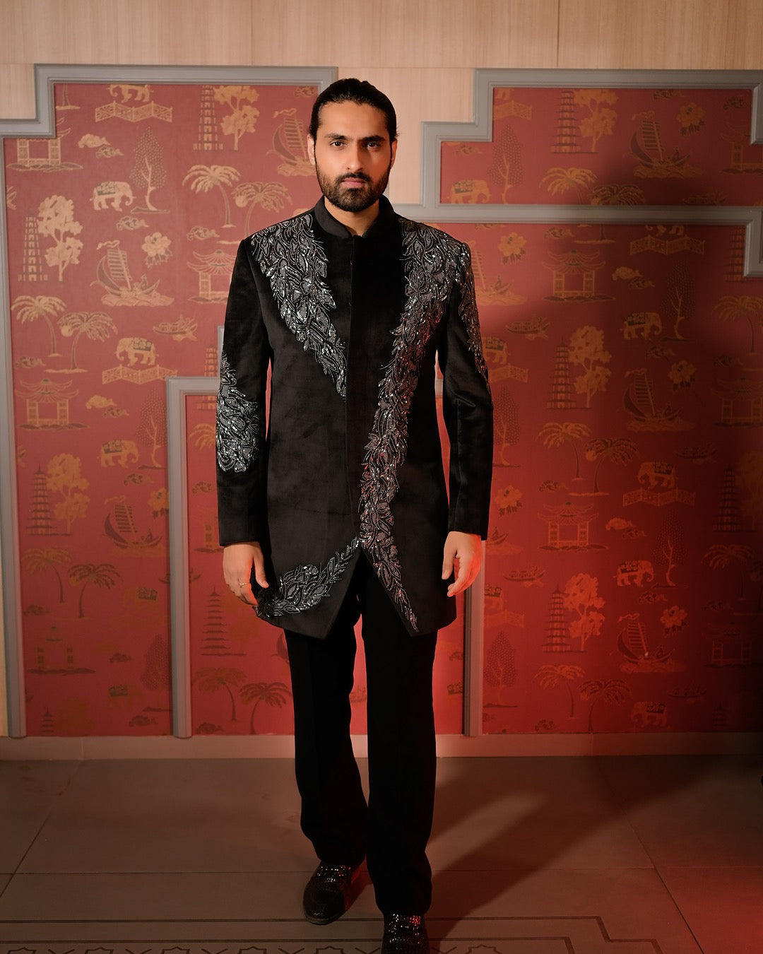 Black Velvet Jodhpuri Suit with Silver Embroidery