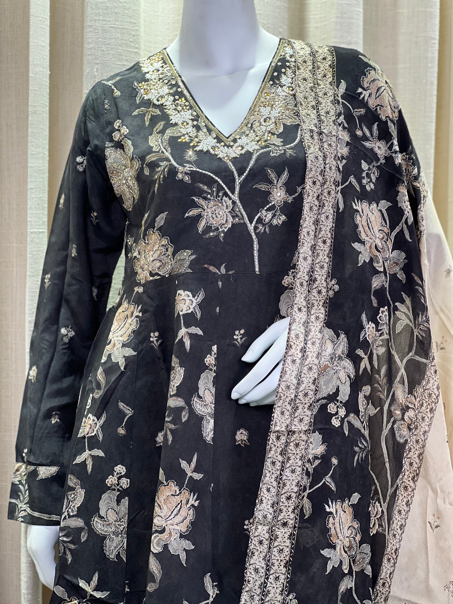 Black & Beige Floral Embroidered Anarkali Suit