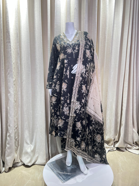 Black & Beige Floral Embroidered Anarkali Suit