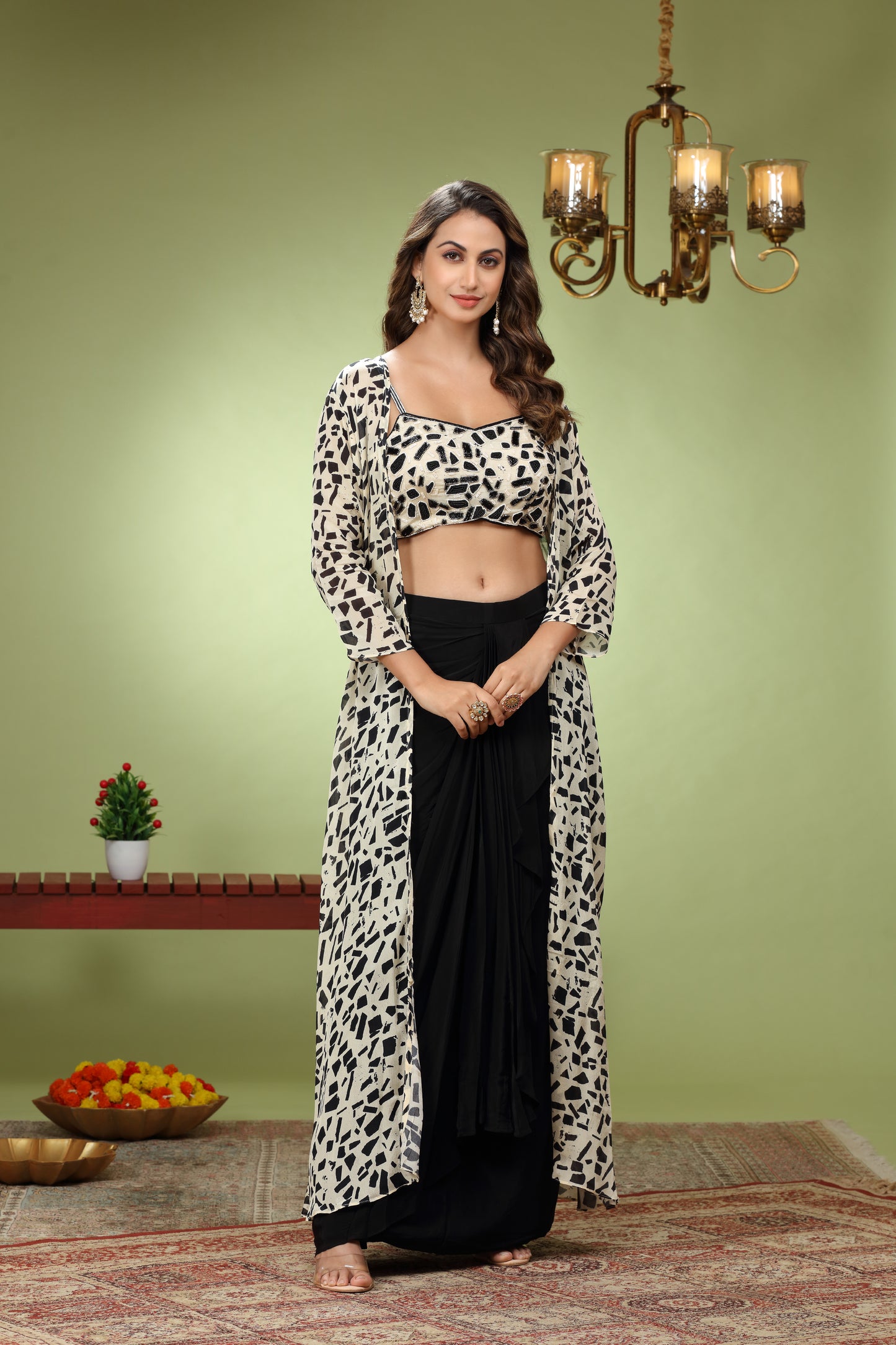 Black & Cream Party Wear Crop Top With Skirt And Shrug Set