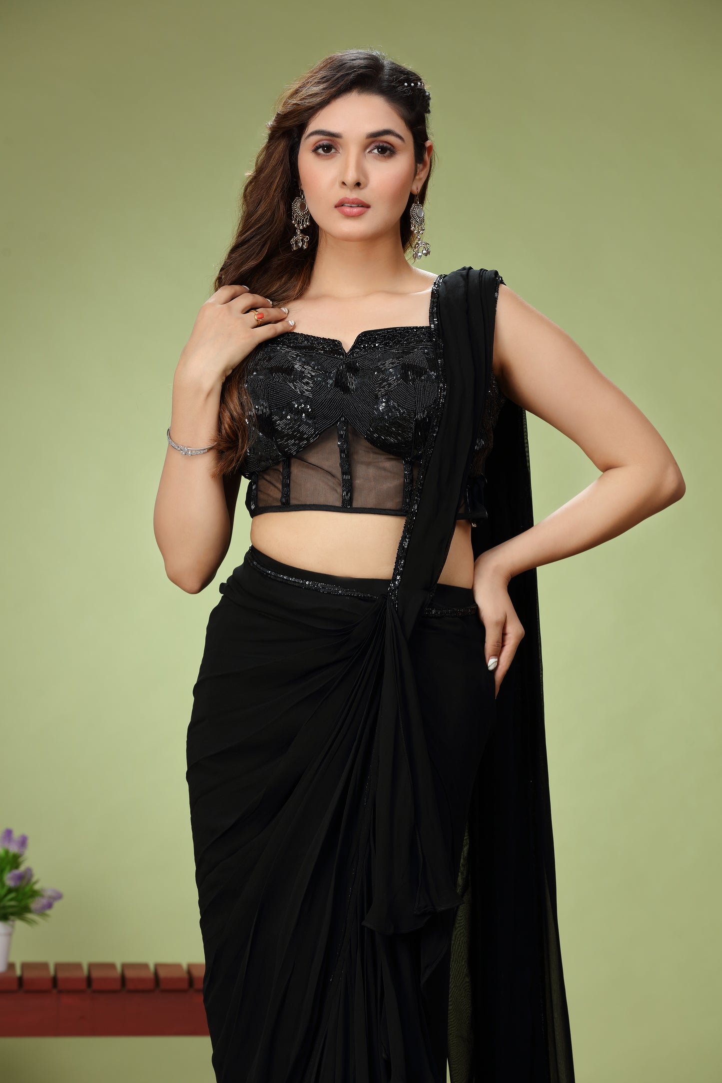 Black Georgette Designer Drape Saree With Sequins Work Blouses