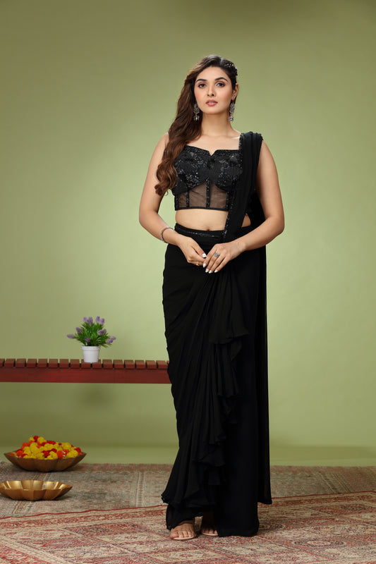 Black Georgette Designer Drape Saree With Sequins Work Blouses