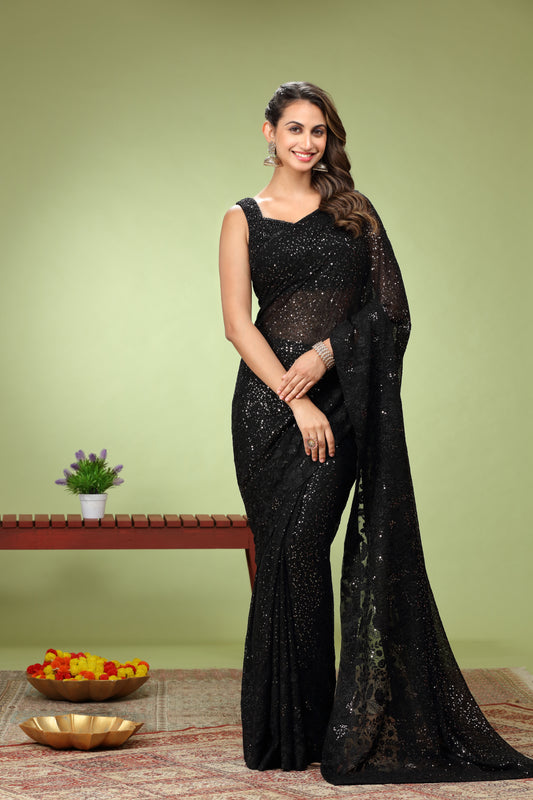 Black Net Sequins Sangeet Party Saree