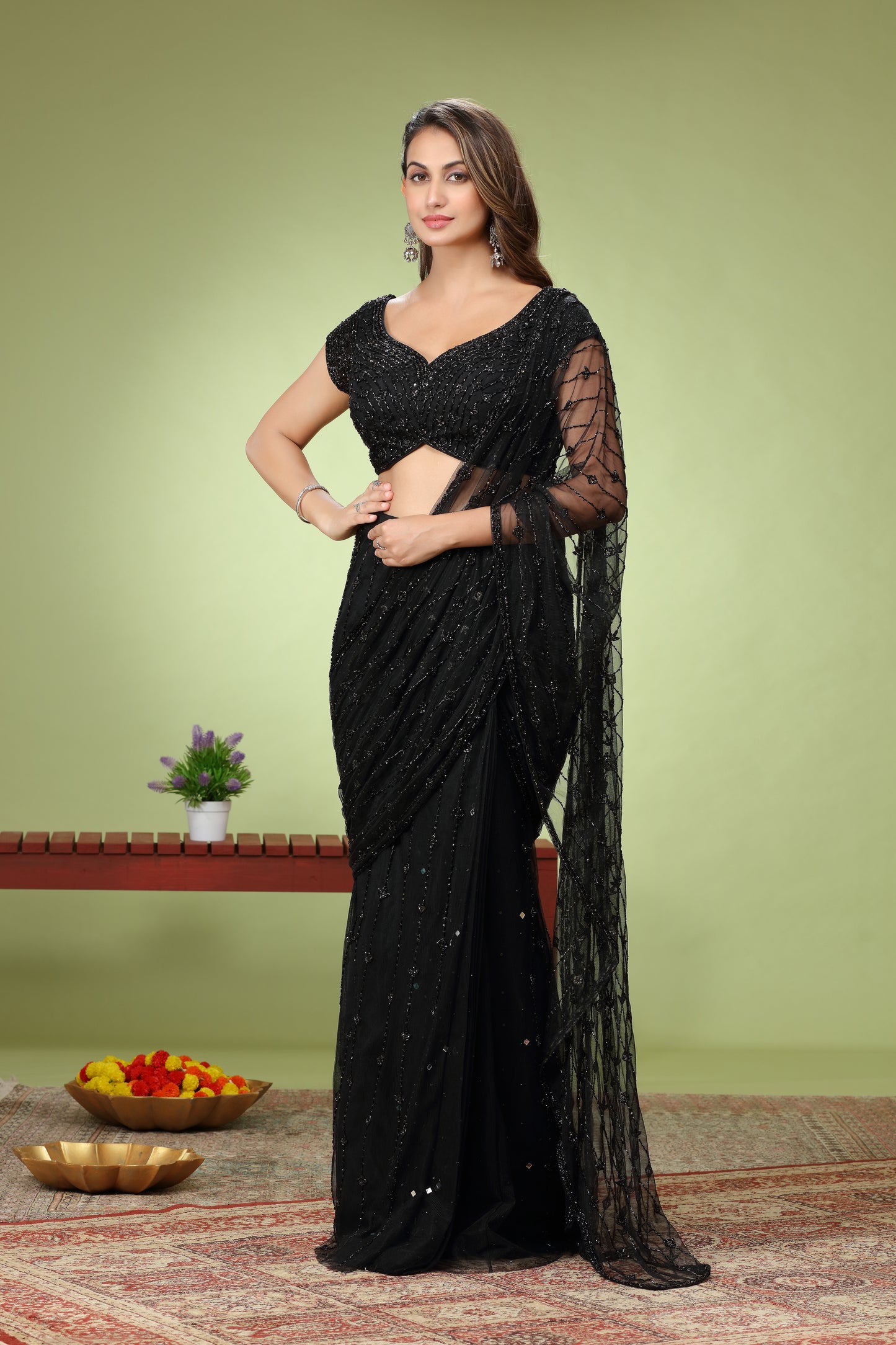 Black Net & Stone Sangeet Party Saree