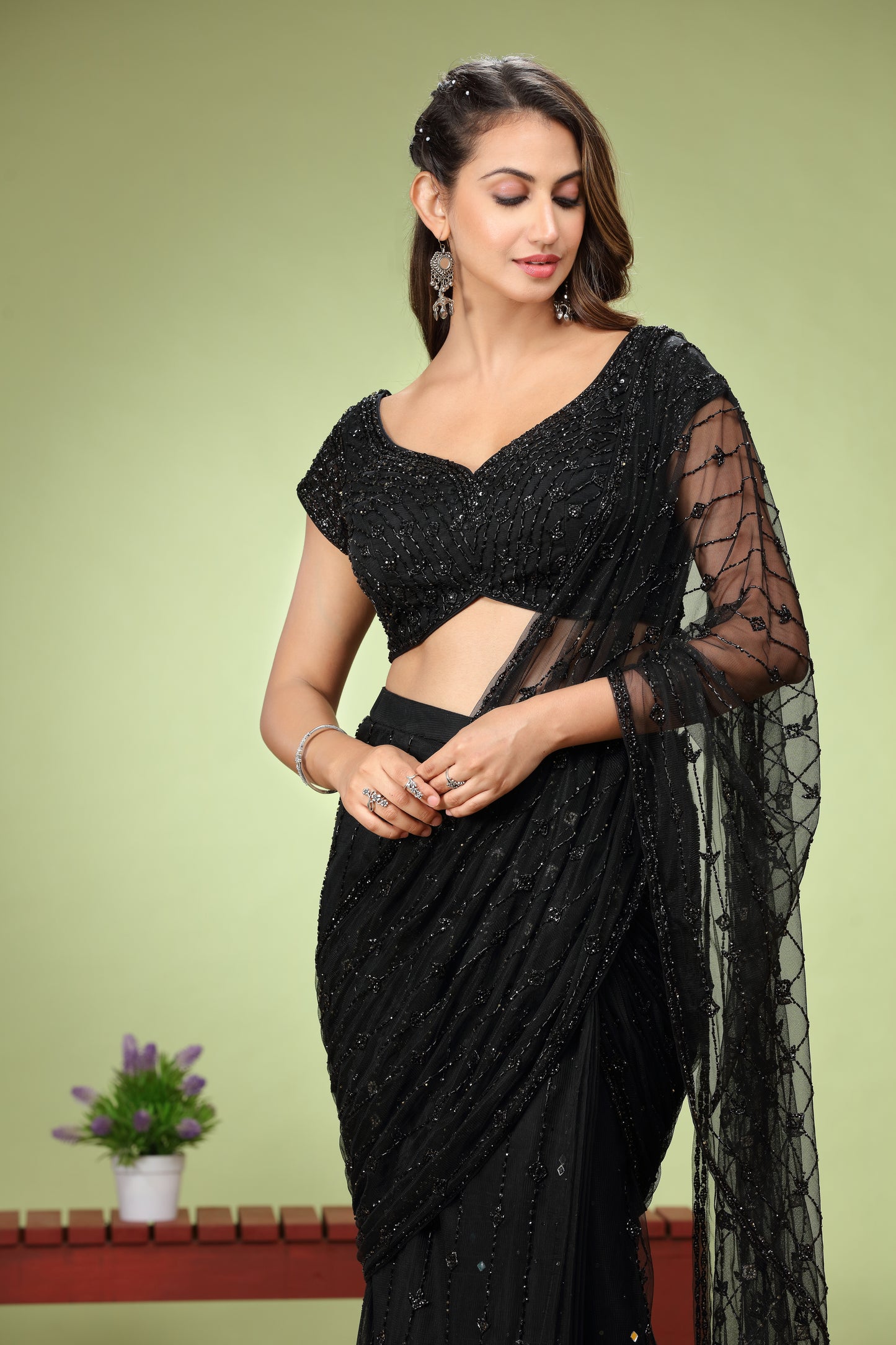 Black Net & Stone Sangeet Party Saree