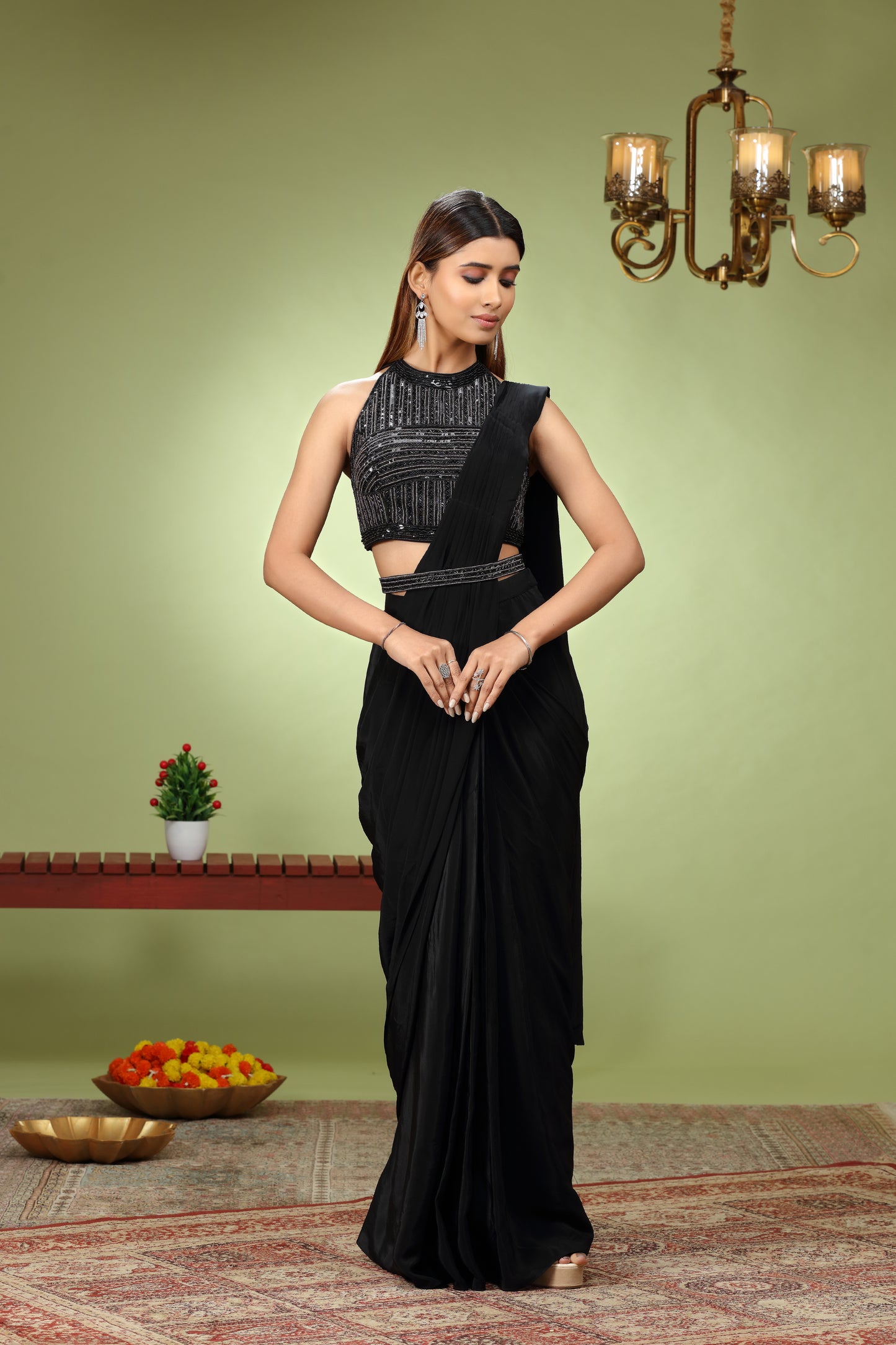 Black Pre-Stitched Saree Set With Abstract Embellished Blouse And Embellished Belt